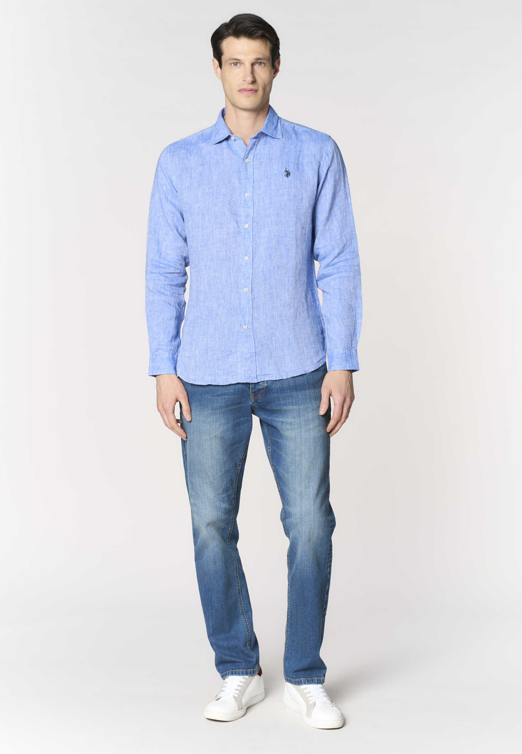 Camicia da uomo slim fit in lino con colletto francese