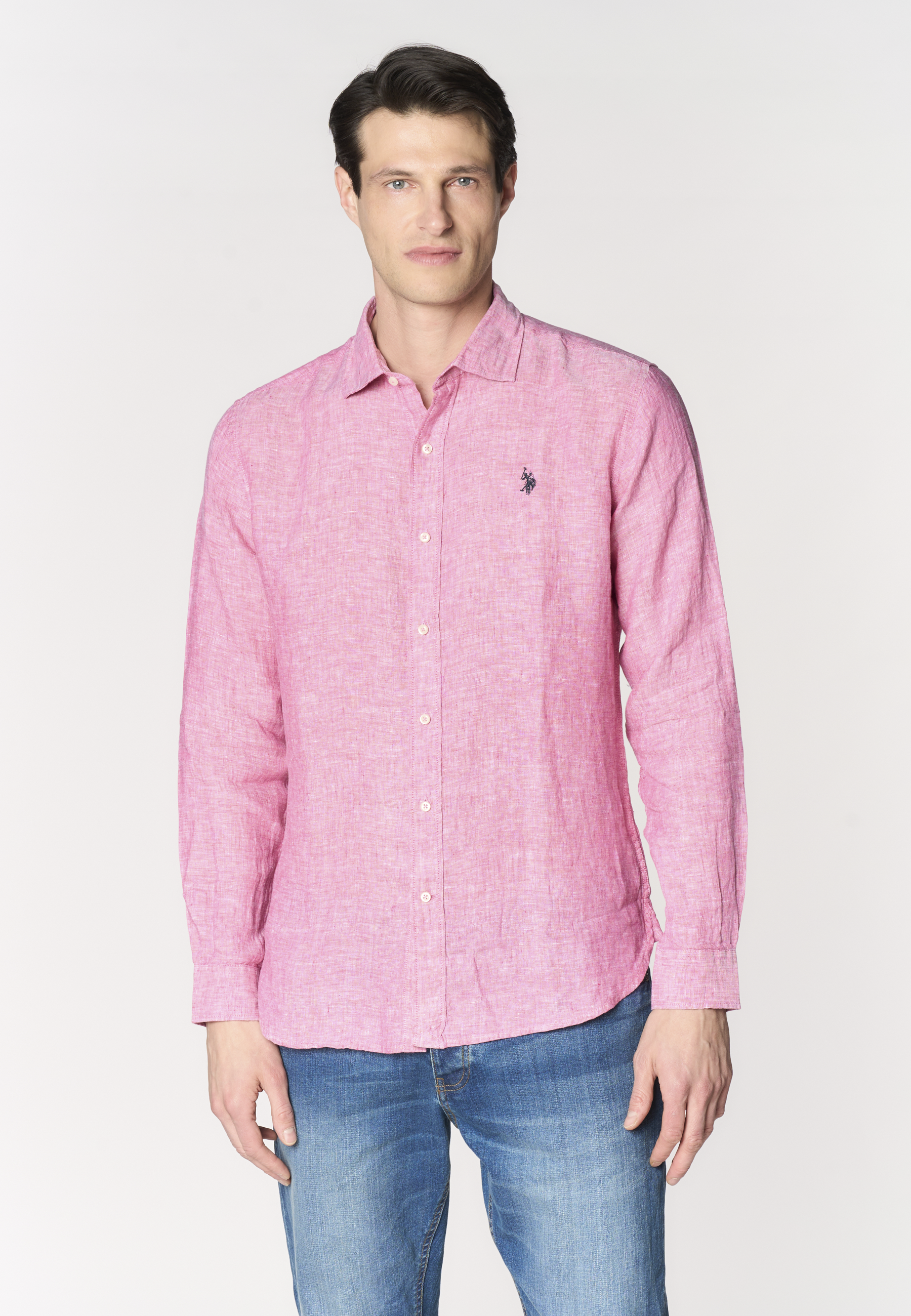 Camicia da uomo slim fit in lino con colletto francese