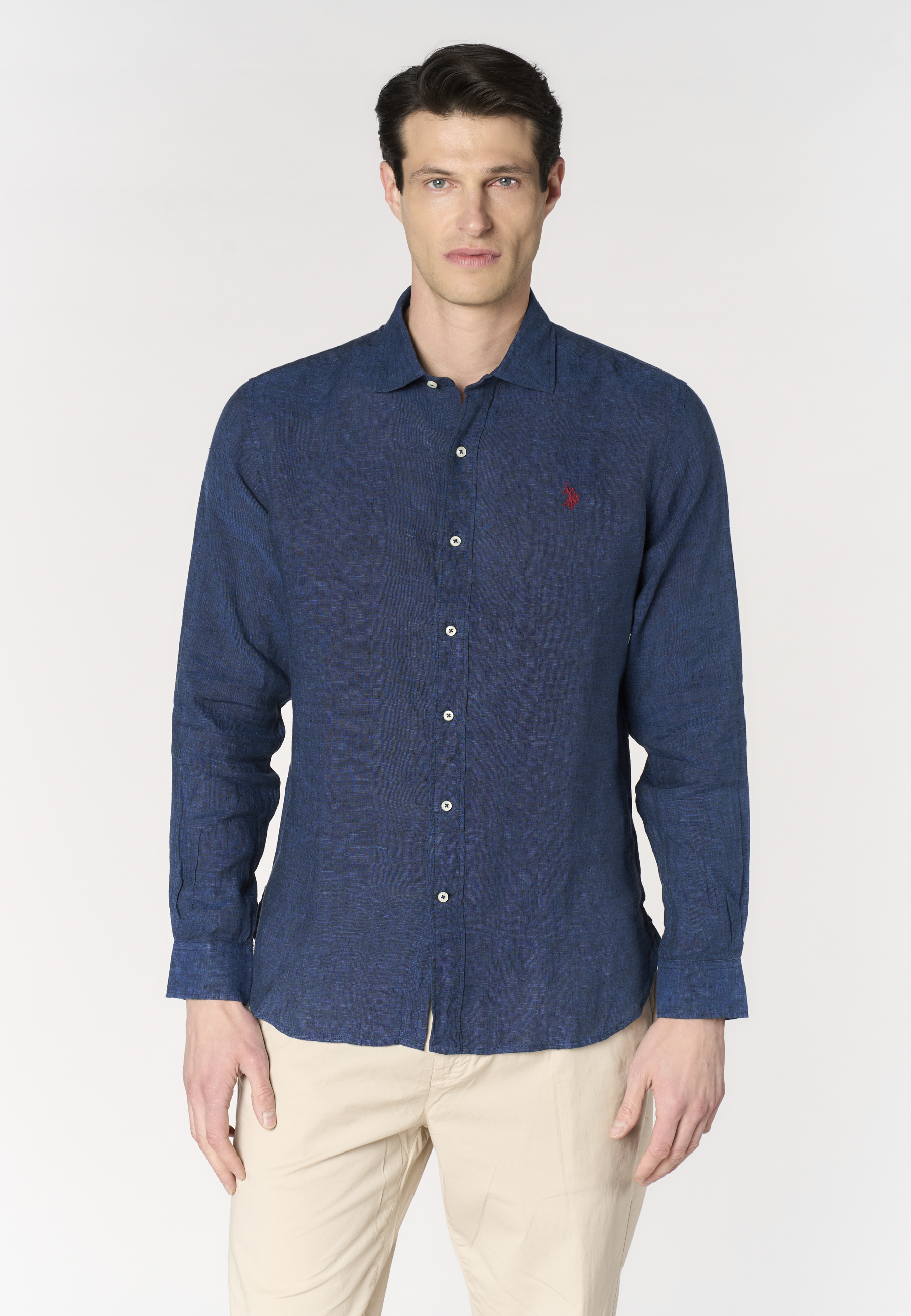 Camicia da uomo slim fit in lino con colletto francese
