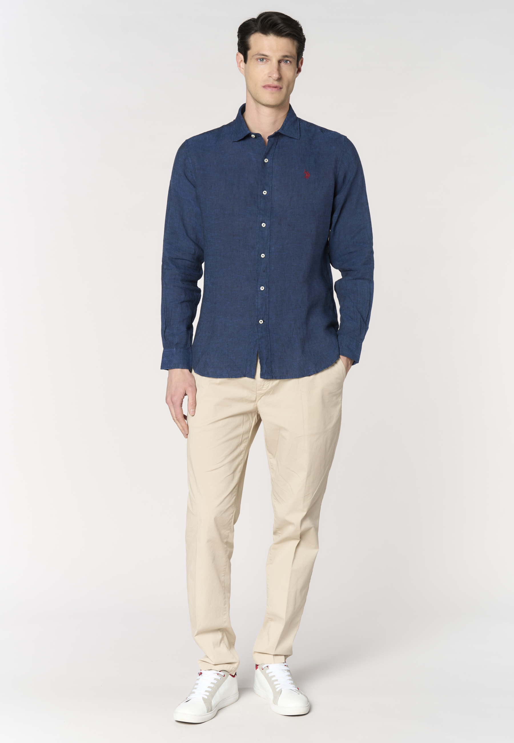 Camicia da uomo slim fit in lino con colletto francese