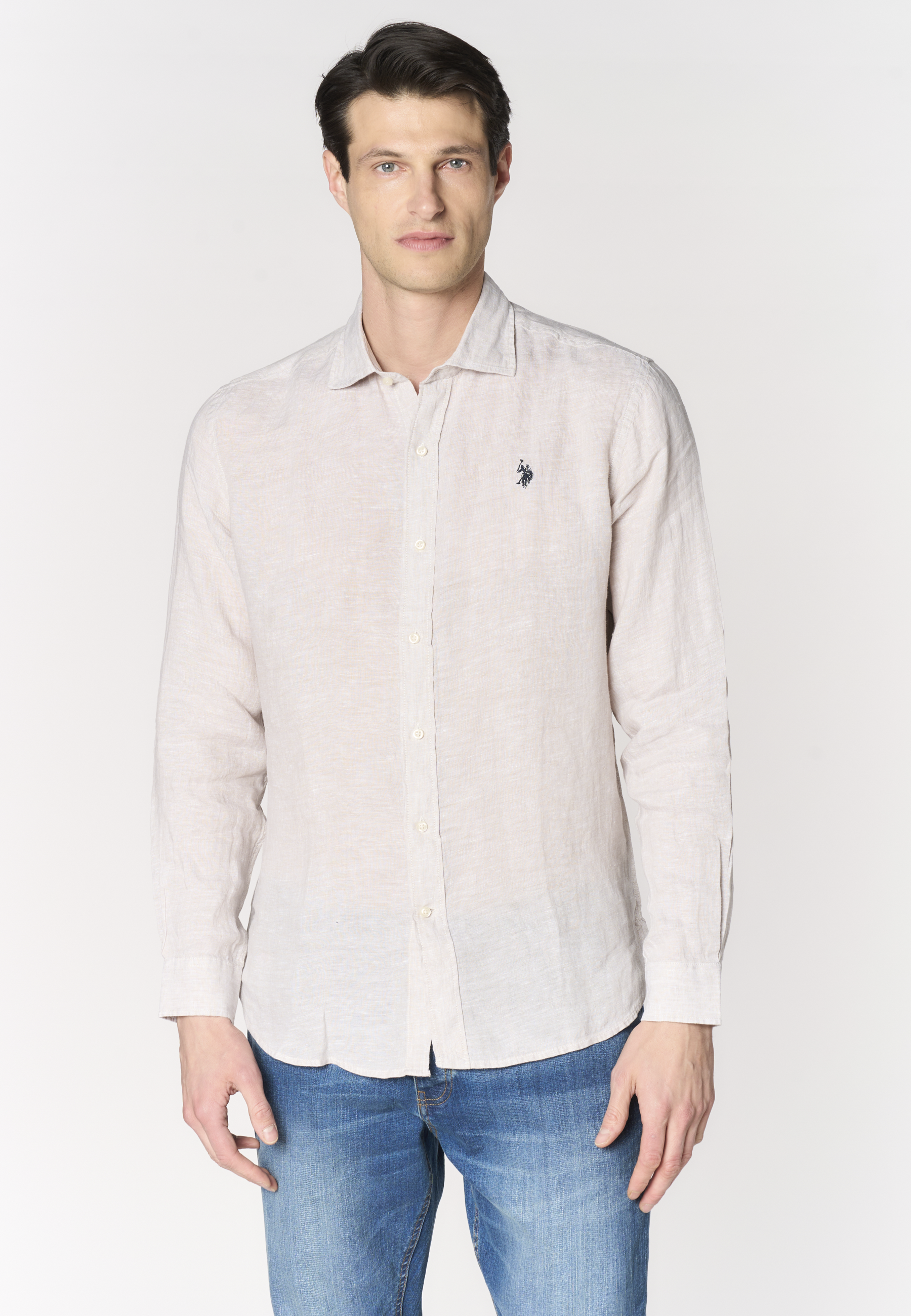 Camicia da uomo slim fit in lino con colletto francese