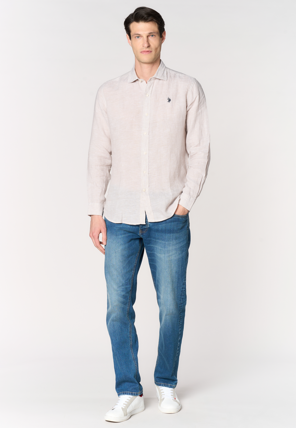 Camicia da uomo slim fit in lino con colletto francese
