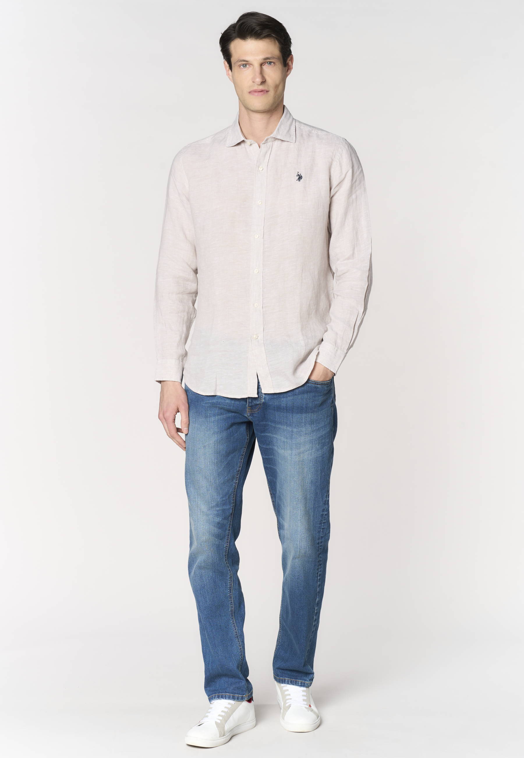 Camicia da uomo slim fit in lino con colletto francese