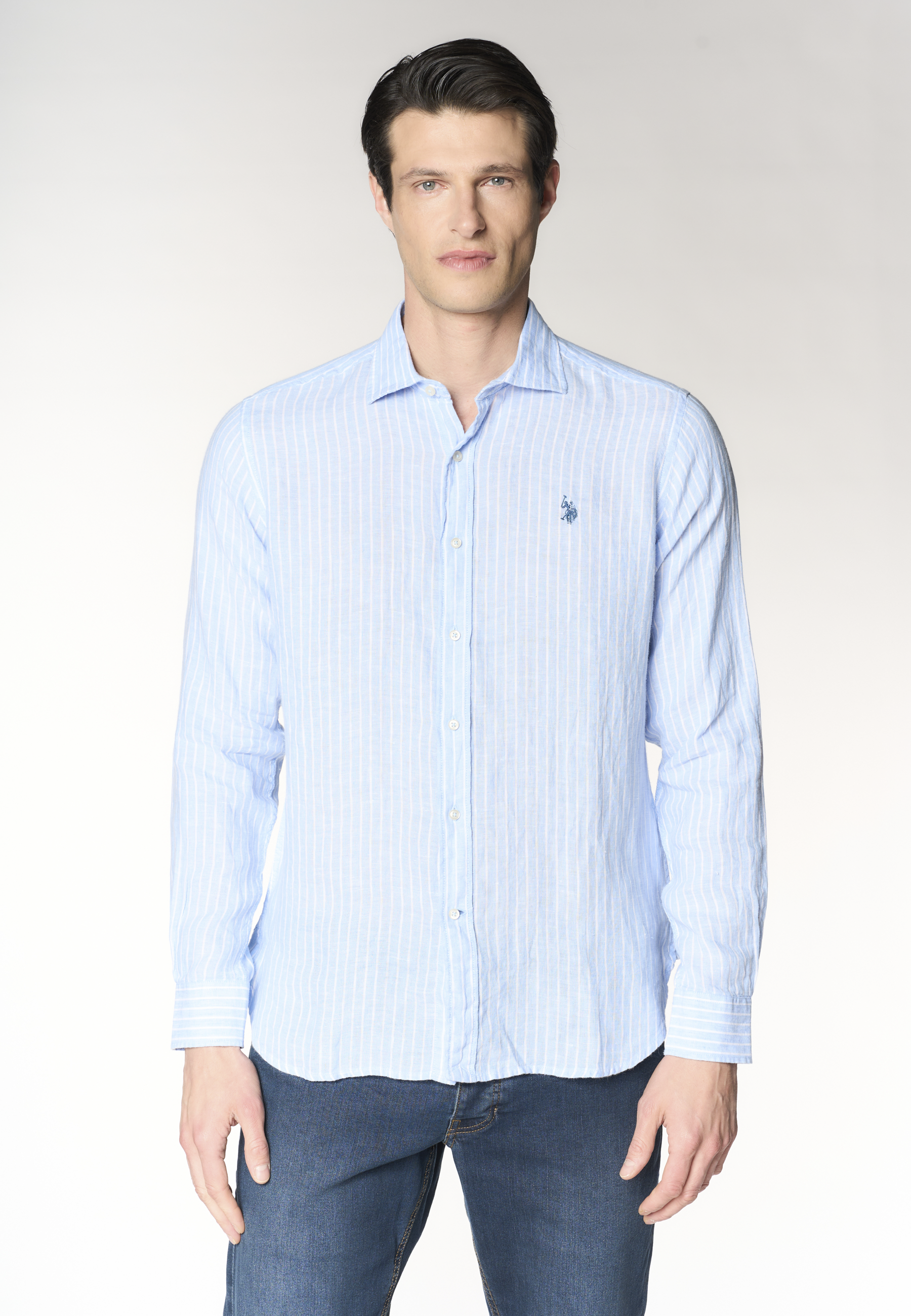 Camicia in lino a righe con colletto alla francese
