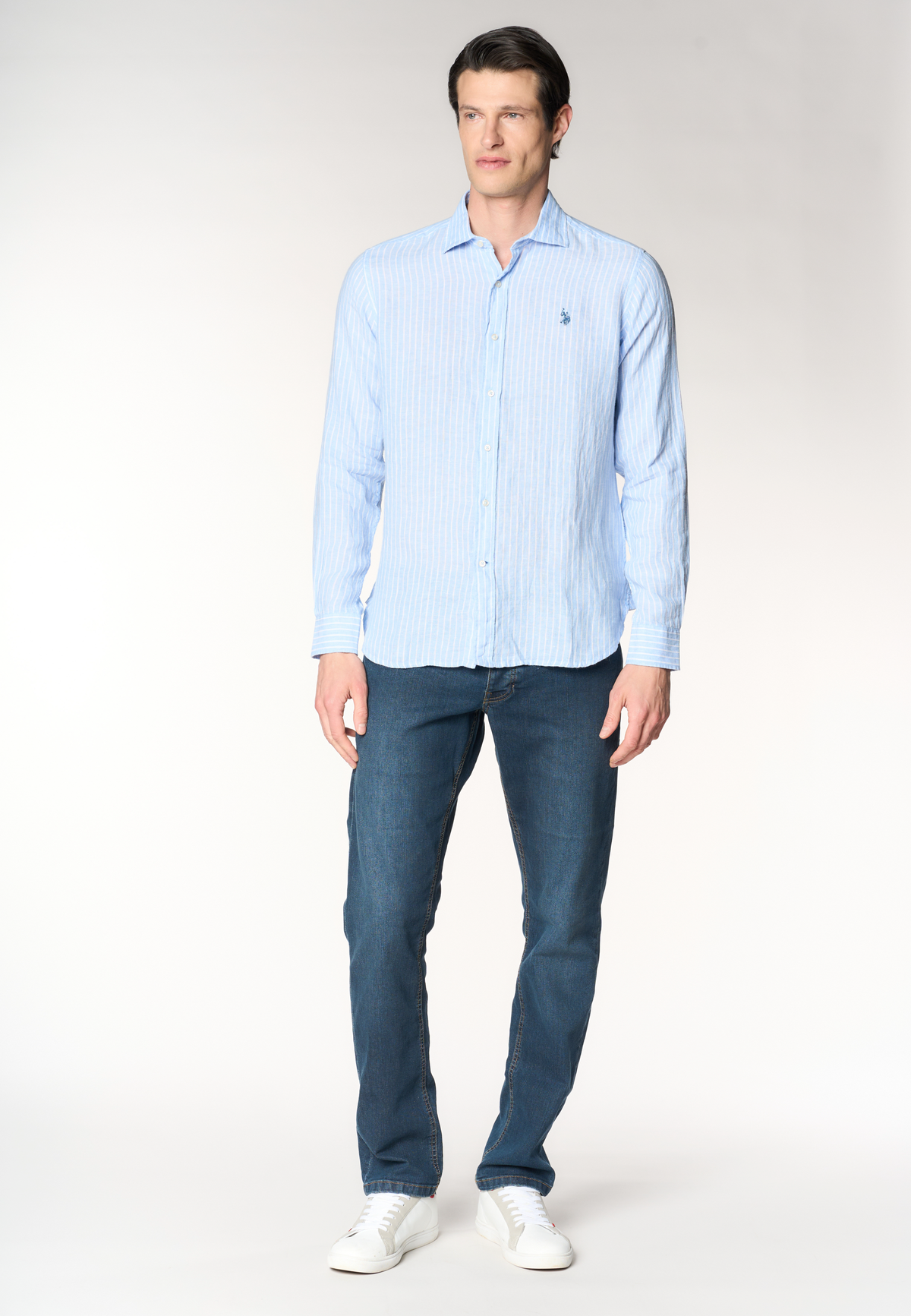 Camicia in lino a righe con colletto alla francese