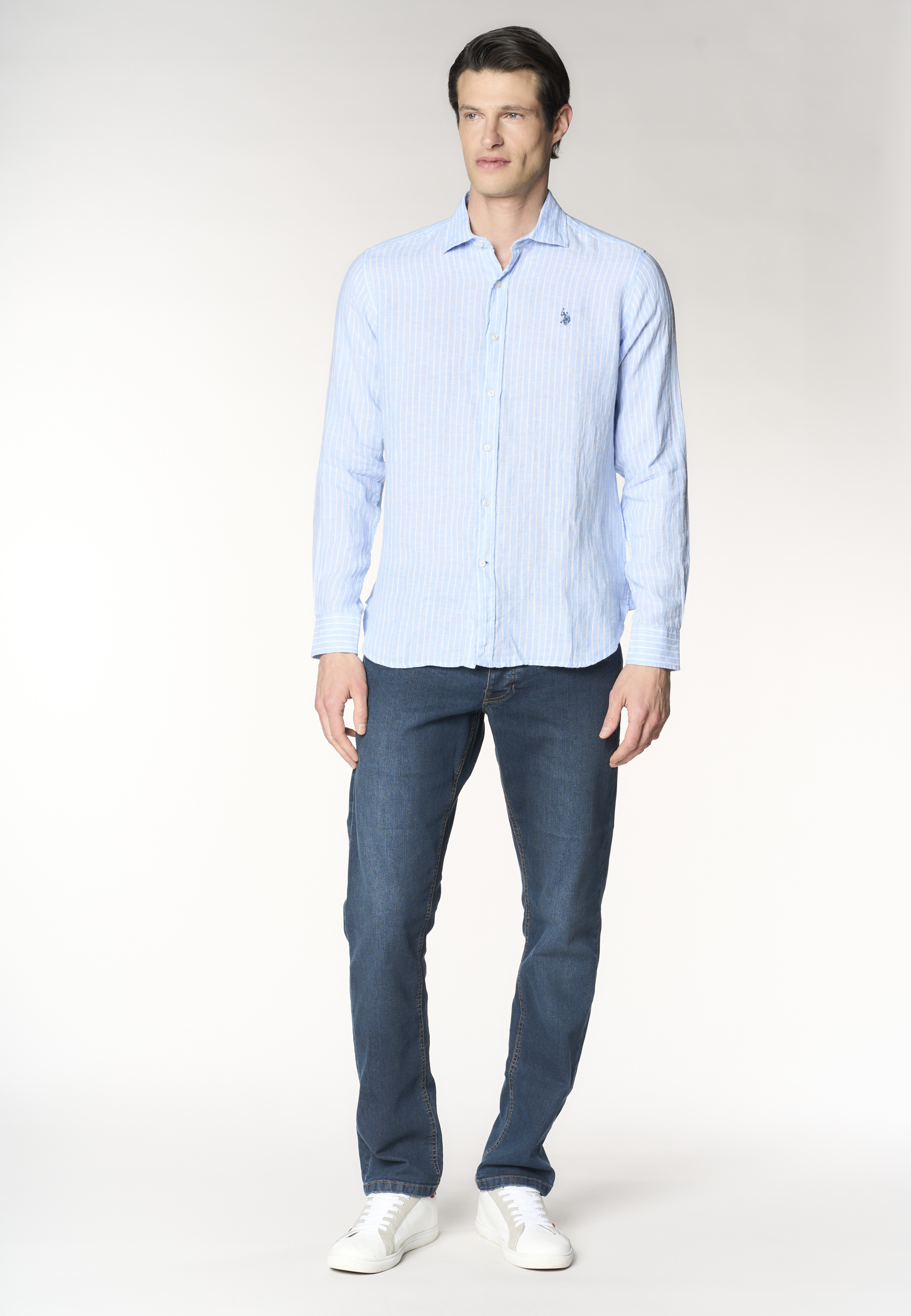 Camicia in lino a righe con colletto alla francese