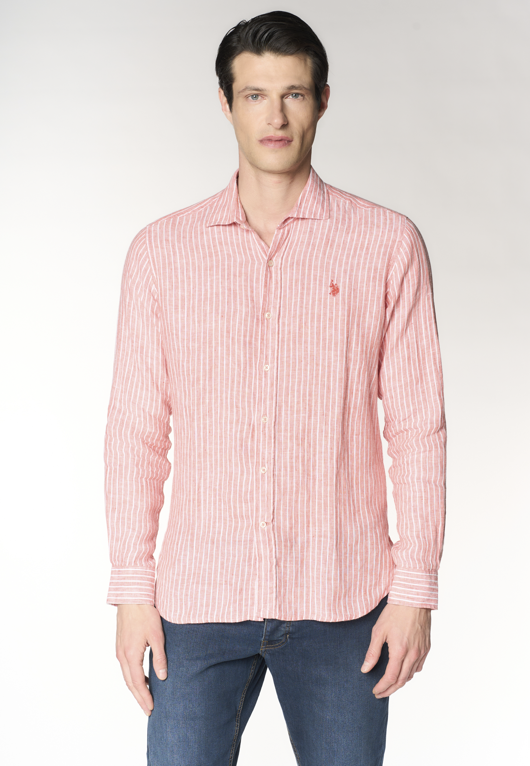 Camicia in lino a righe con colletto alla francese