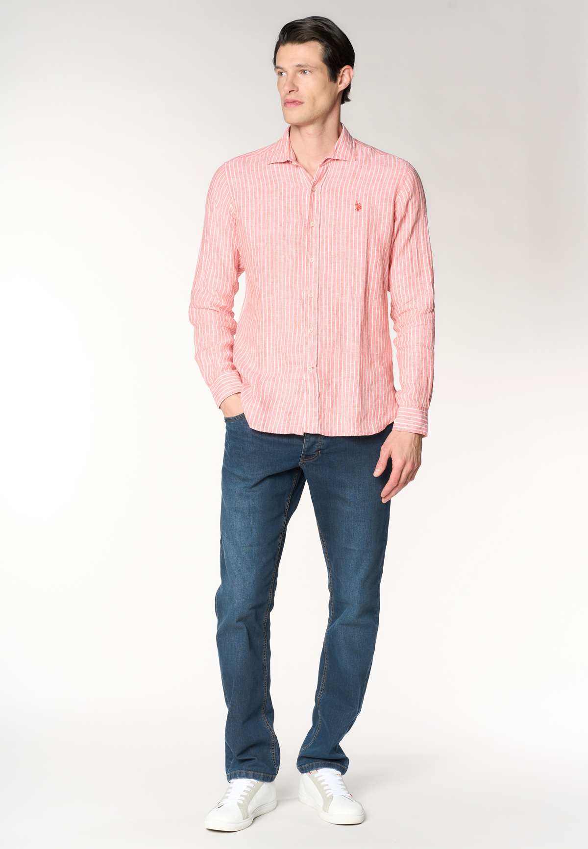 Camicia in lino a righe con colletto alla francese