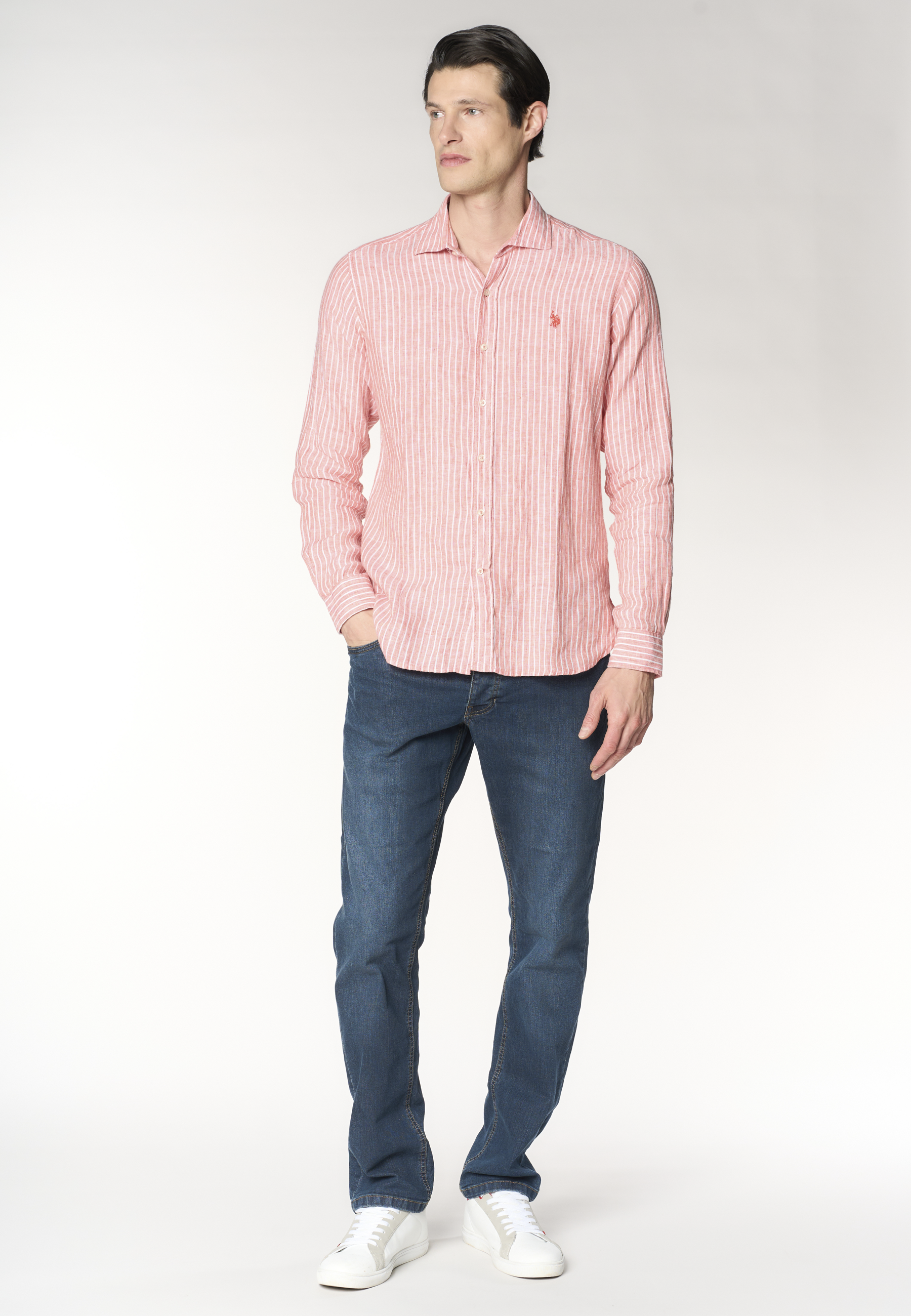Camicia in lino a righe con colletto alla francese
