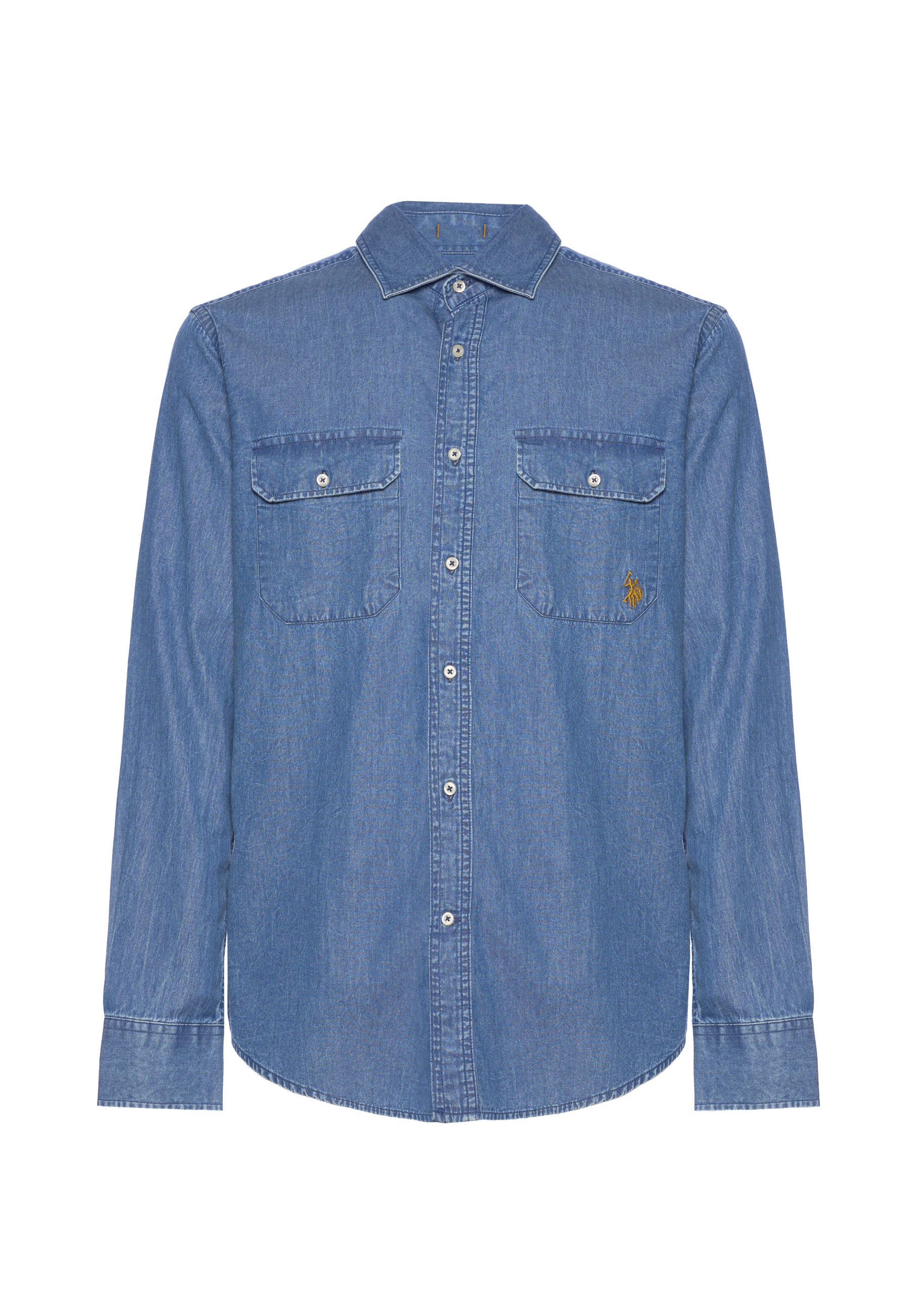 Camicia in denim da uomo con tasche frontali e colletto alla francese
