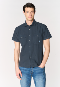 Camicia a maniche corte in misto cotone e lino con tasche frontali