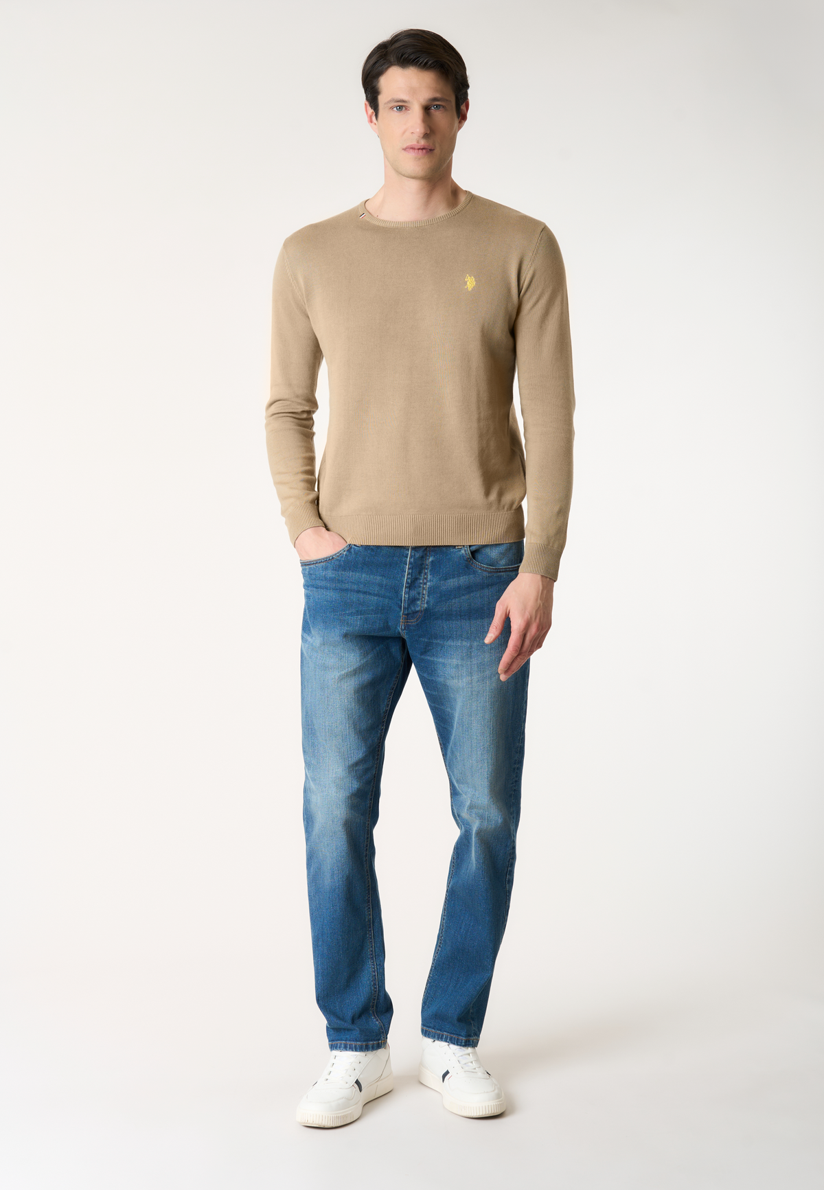 Maglia girocollo in cotone con logo ricamato