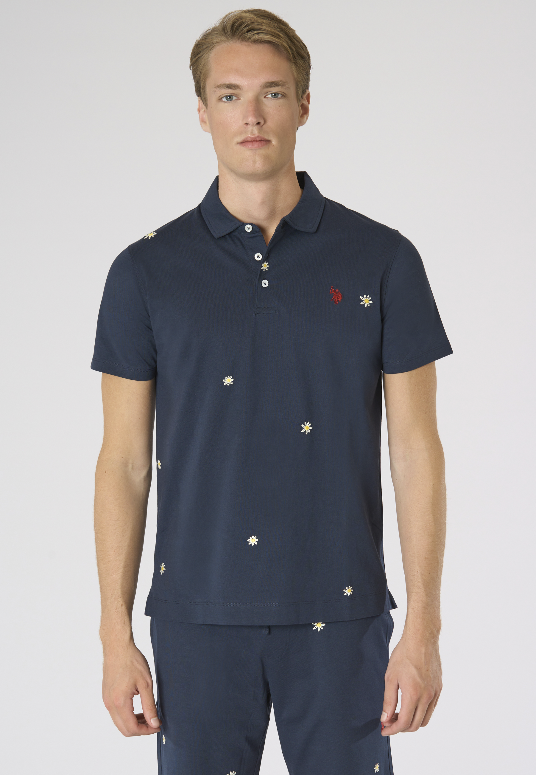 Polo shirt da uomo in cotone con ricami all over floreali