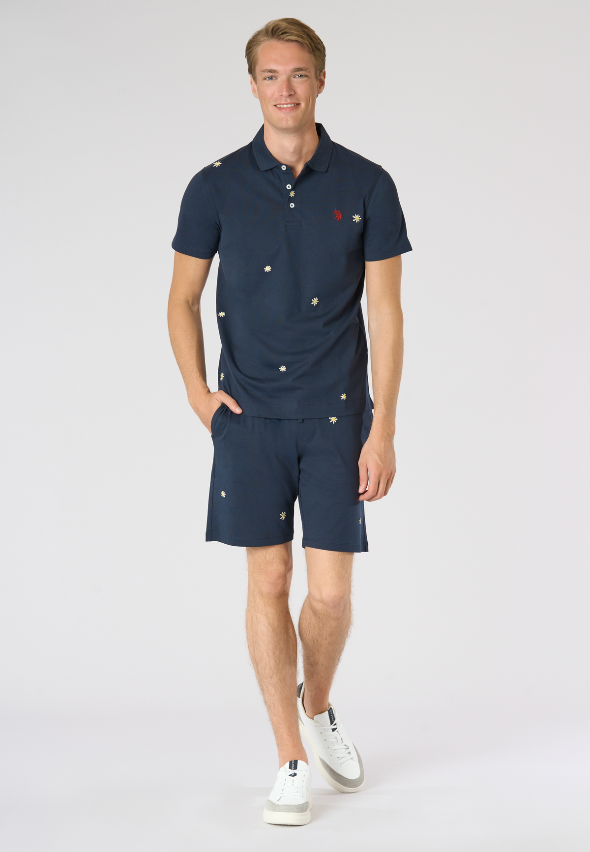 Polo shirt da uomo in cotone con ricami all over floreali