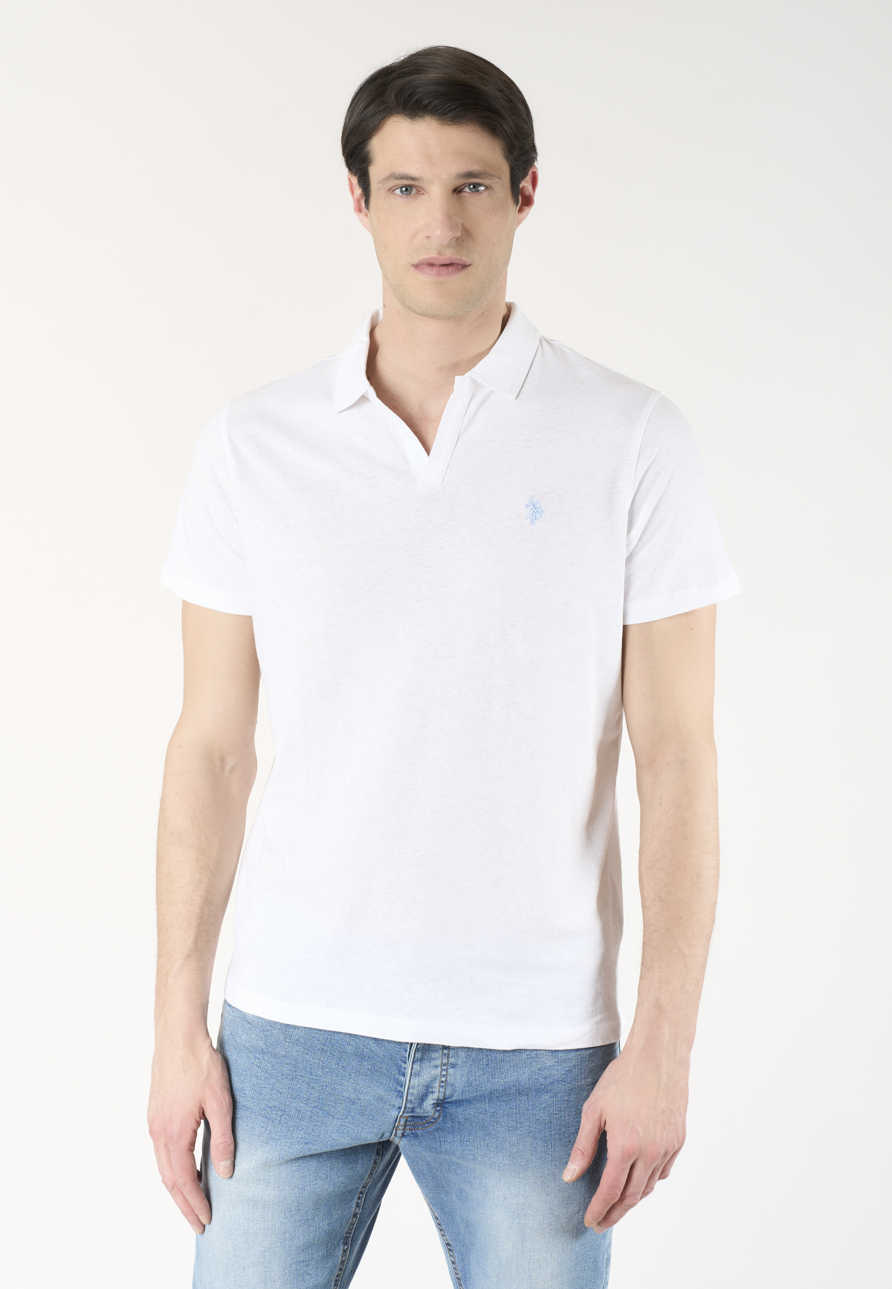 Polo shirt da uomo con scollo a V in misto cotone e lino
