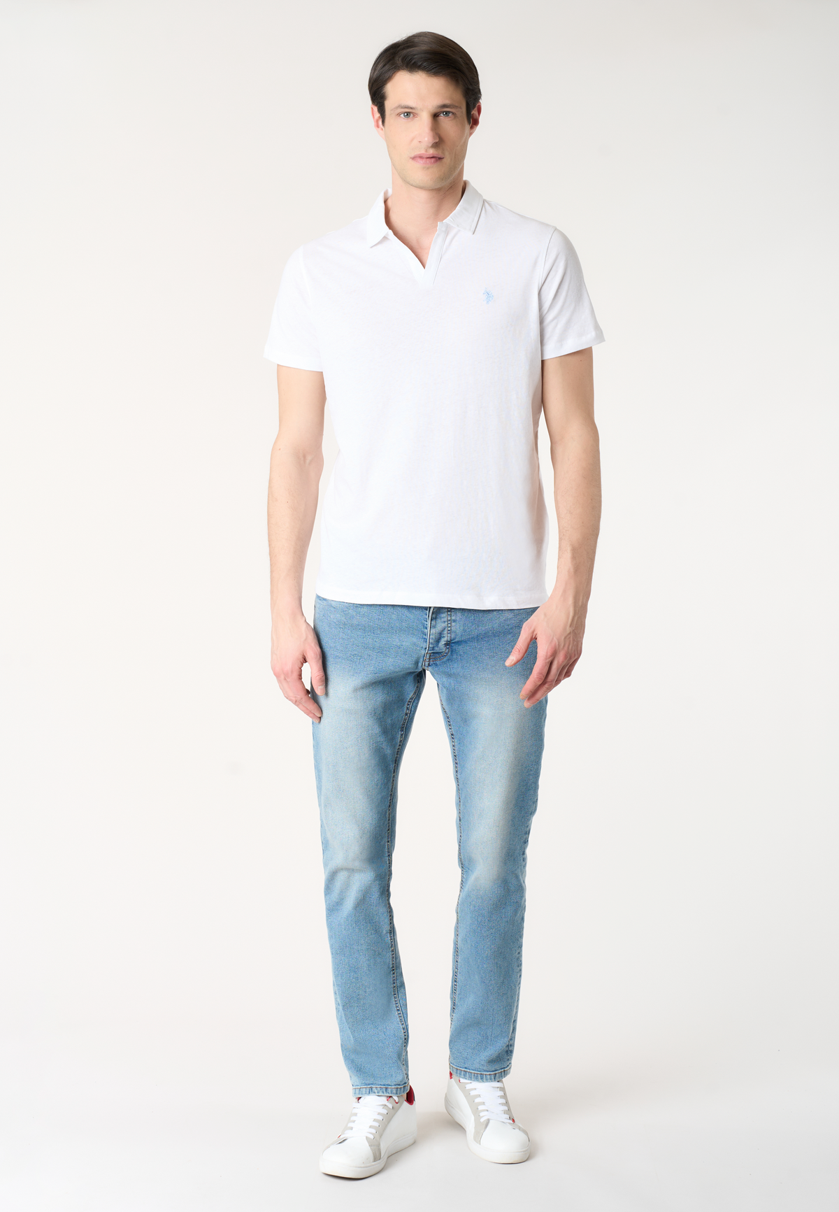 Polo shirt da uomo con scollo a V in misto cotone e lino