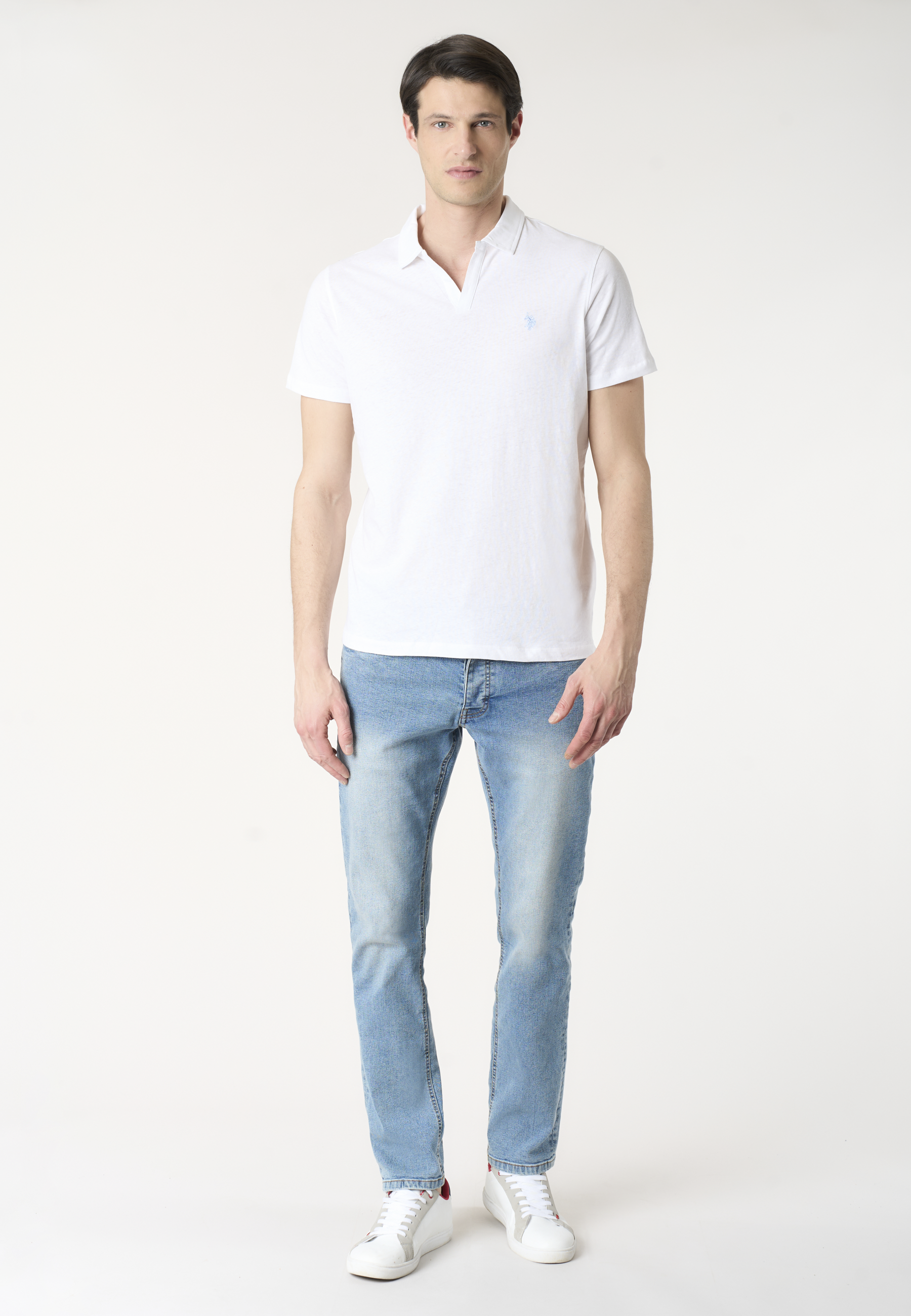 Polo shirt da uomo con scollo a V in misto cotone e lino