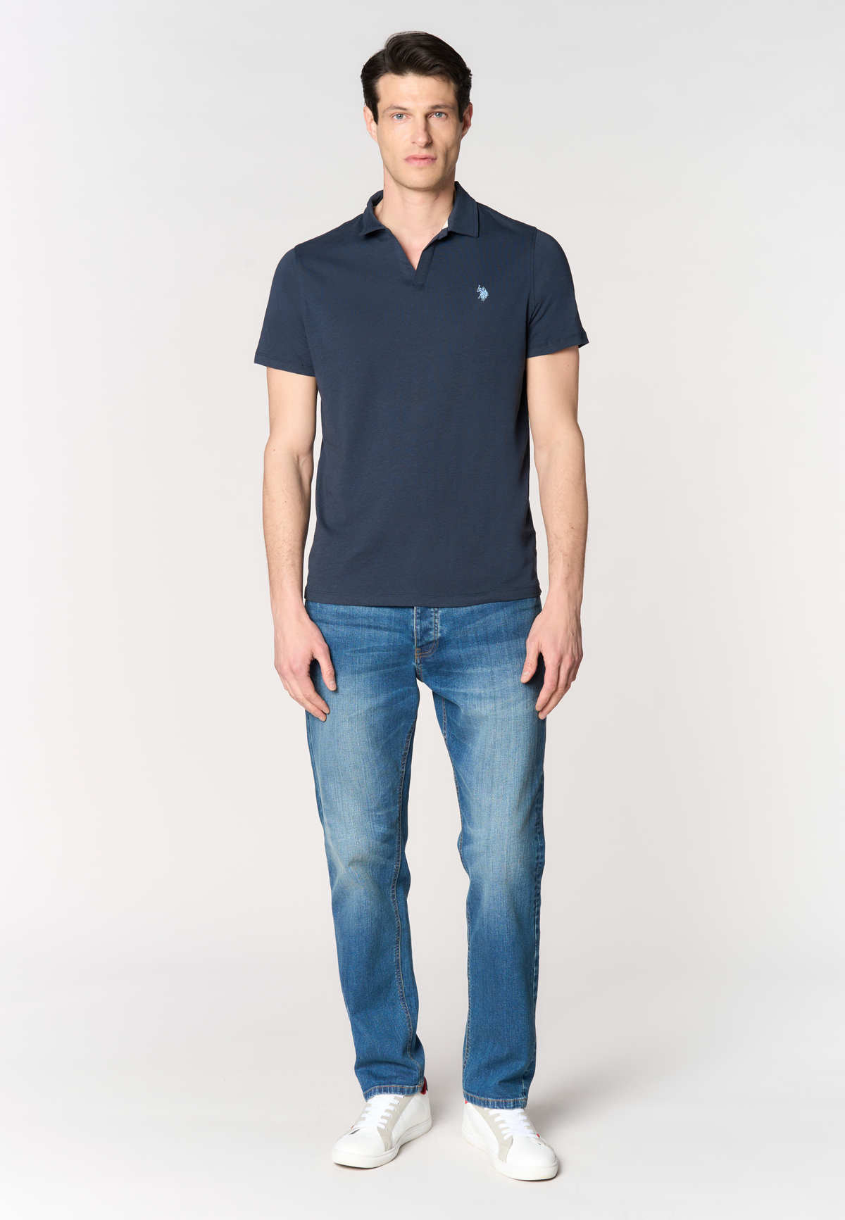Polo shirt da uomo con scollo a V in misto cotone e lino