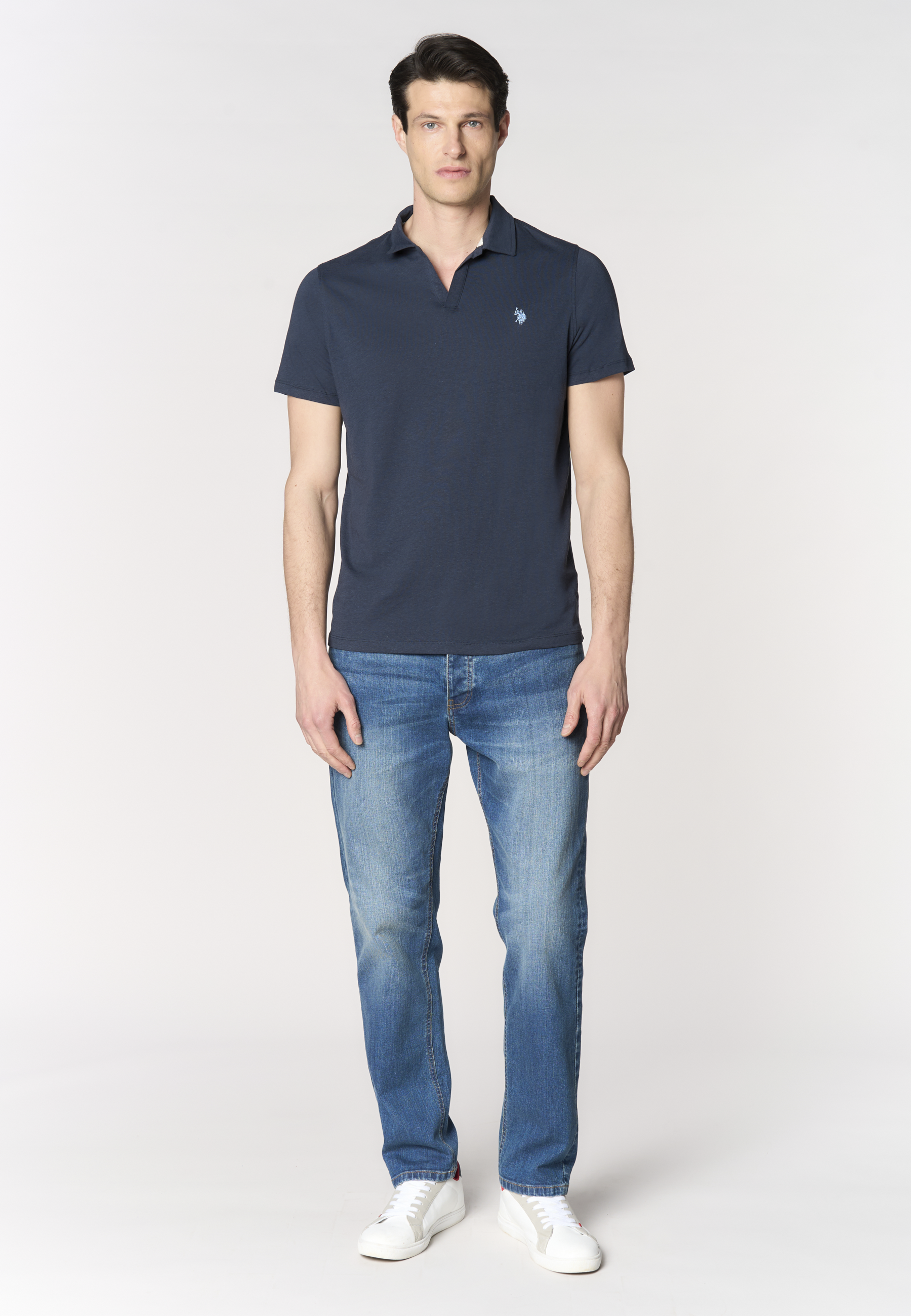 Polo shirt da uomo con scollo a V in misto cotone e lino