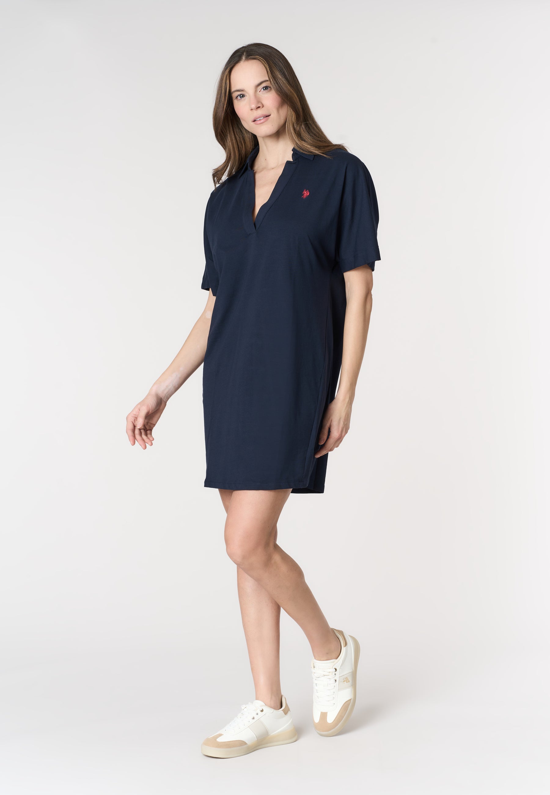 Abito da donna in cotone stretch con colletto e scollo a V