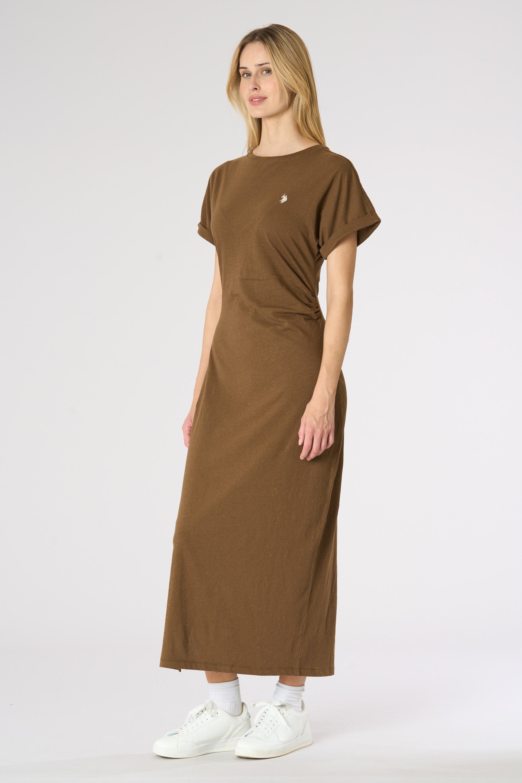Abito lungo donna in misto cotone e lino con drappeggio