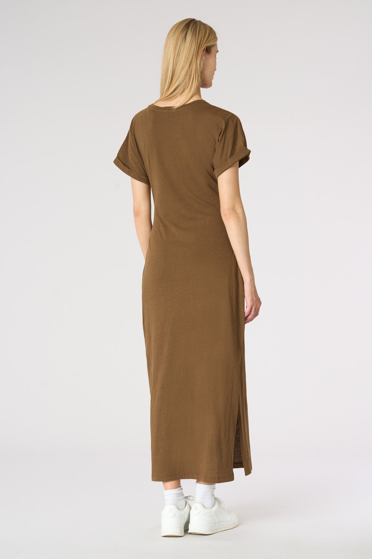 Abito lungo donna in misto cotone e lino con drappeggio