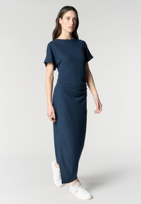 Abito lungo donna in misto cotone e lino con drappeggio