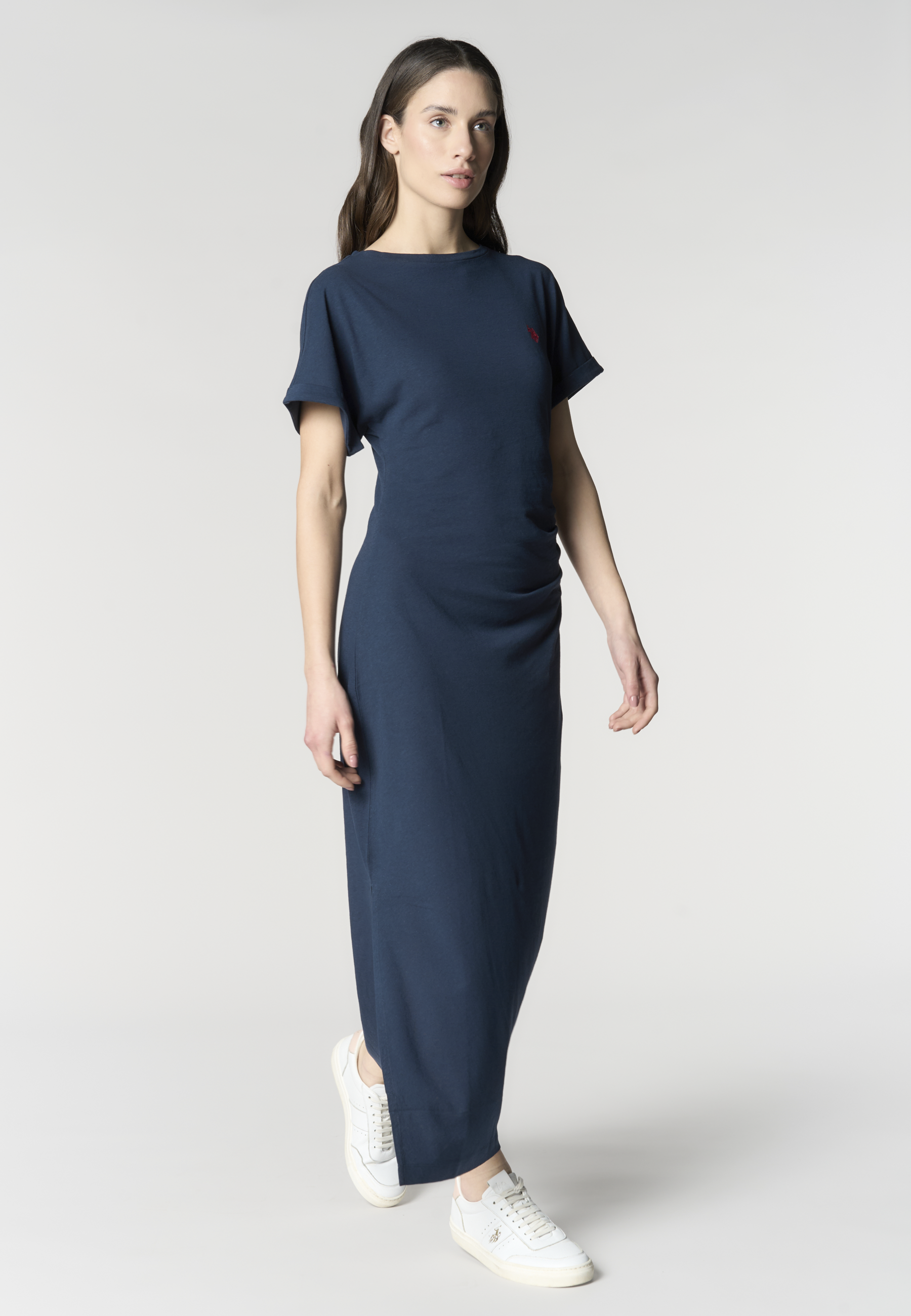 Abito lungo donna in misto cotone e lino con drappeggio