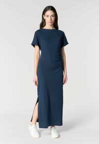 Abito lungo donna in misto cotone e lino con drappeggio