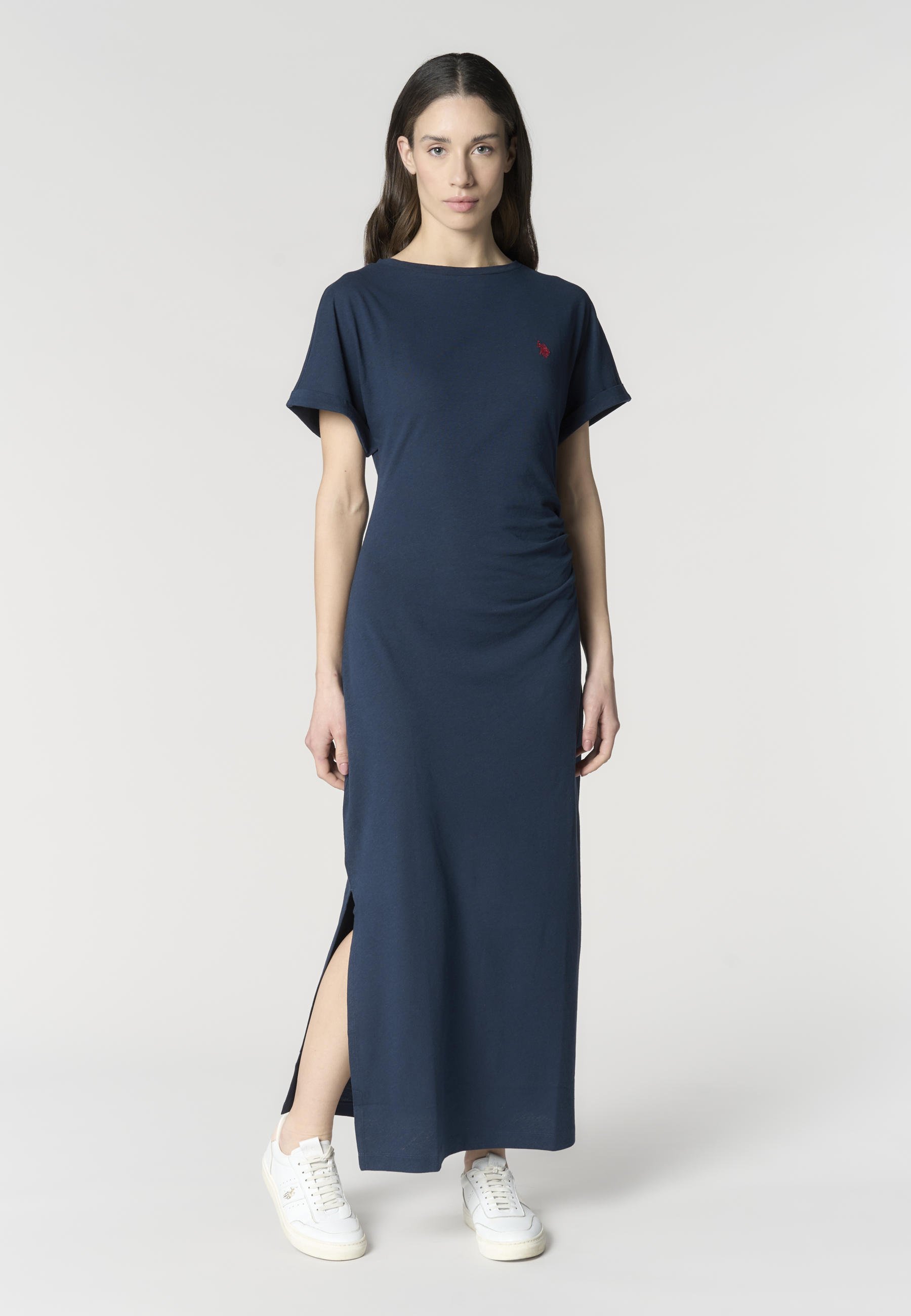 Abito lungo donna in misto cotone e lino con drappeggio