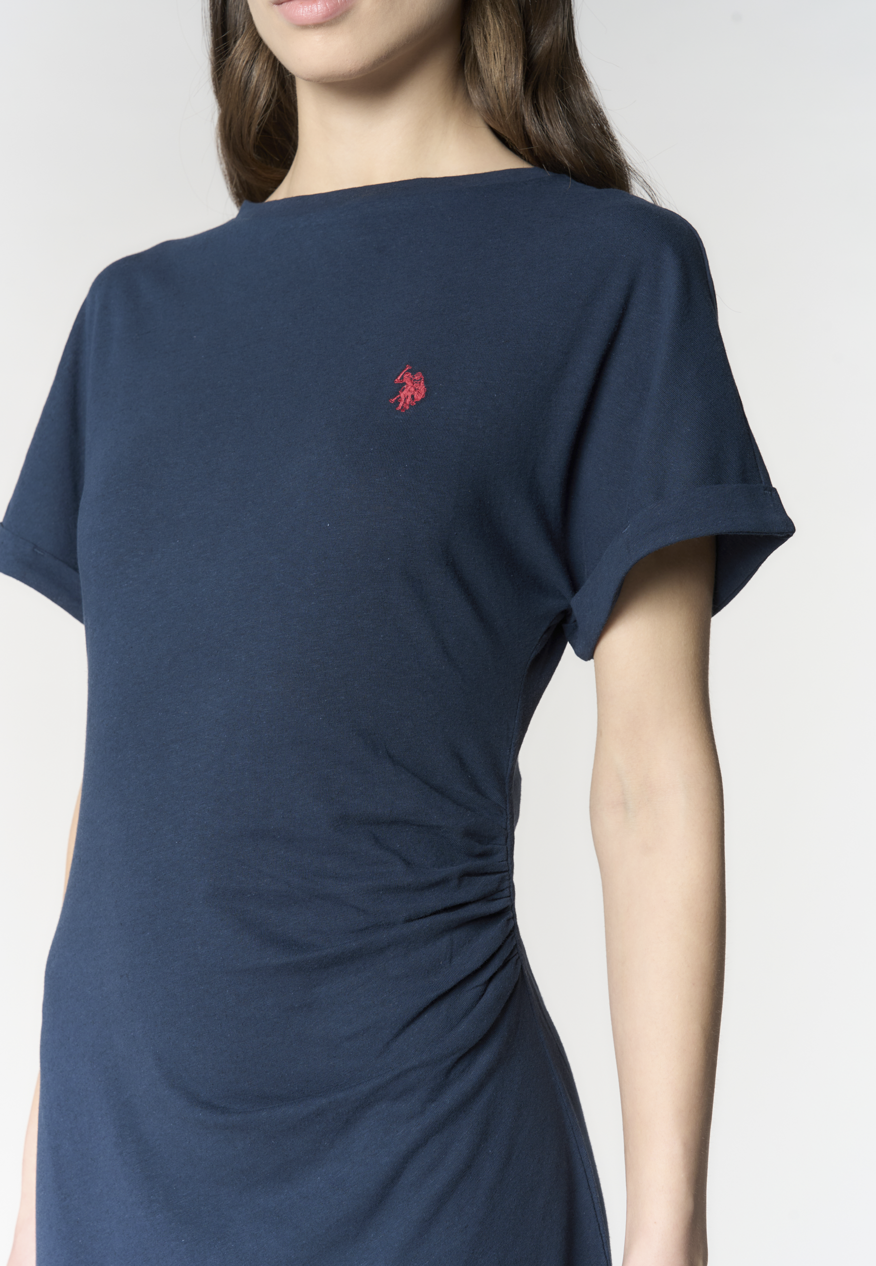 Abito lungo donna in misto cotone e lino con drappeggio