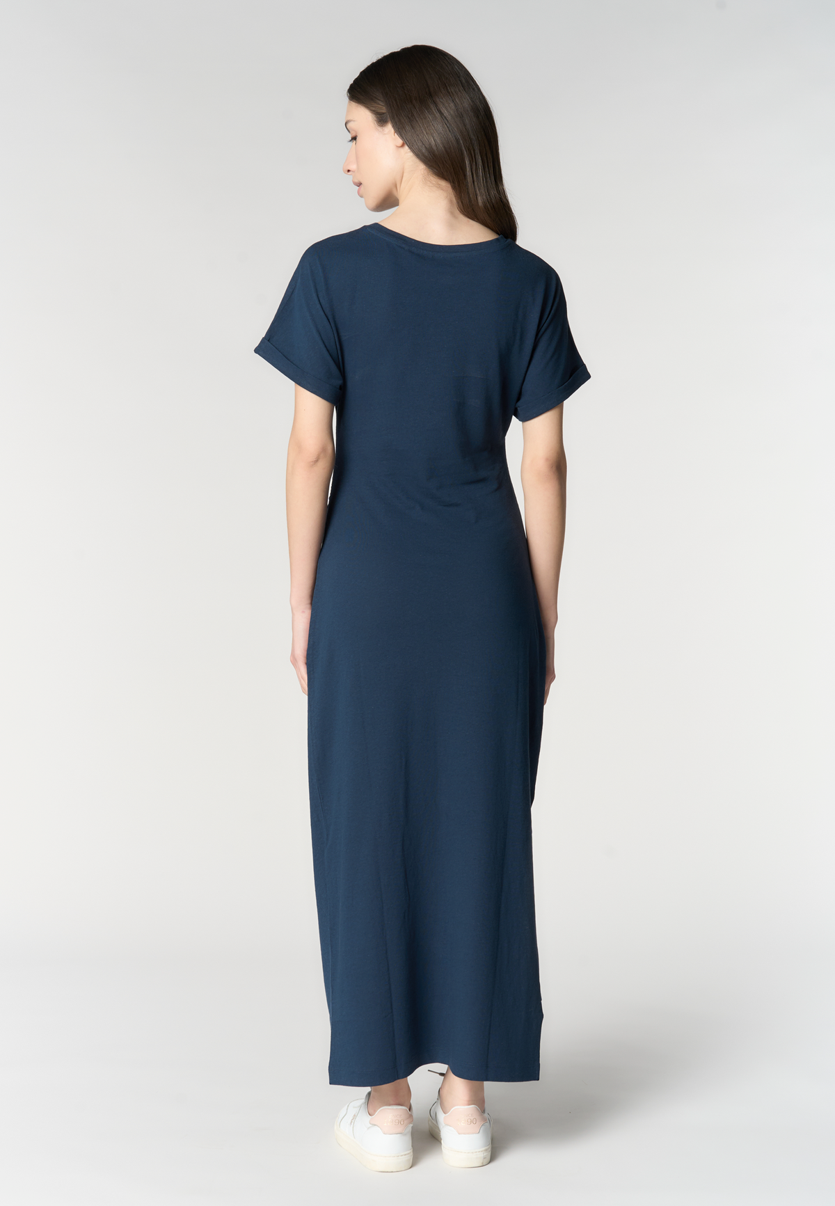 Abito lungo donna in misto cotone e lino con drappeggio