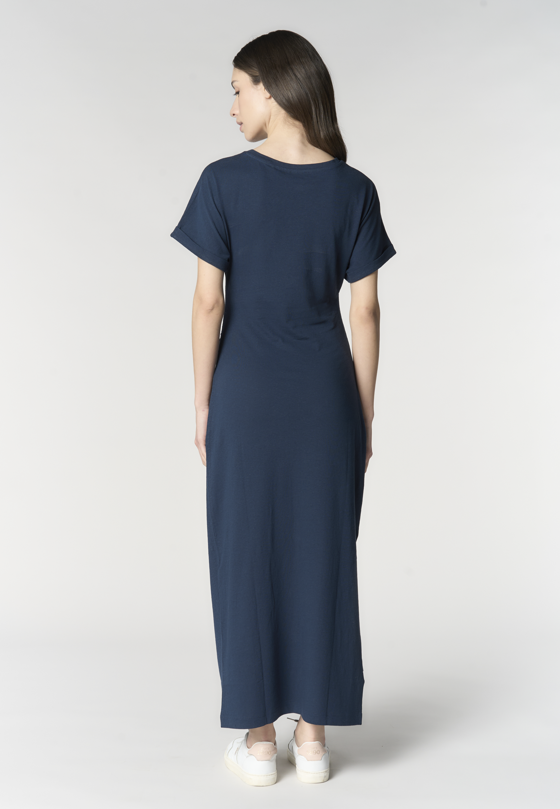 Abito lungo donna in misto cotone e lino con drappeggio