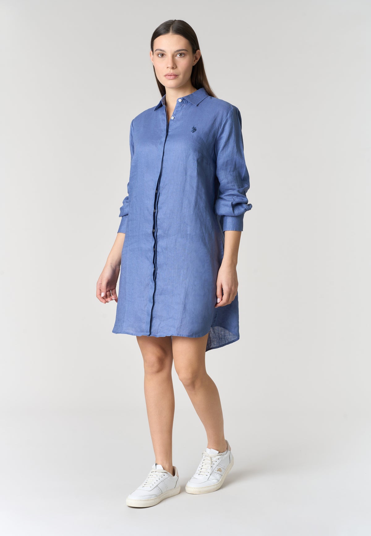 Abito chemisier da donna in lino con colletto classico