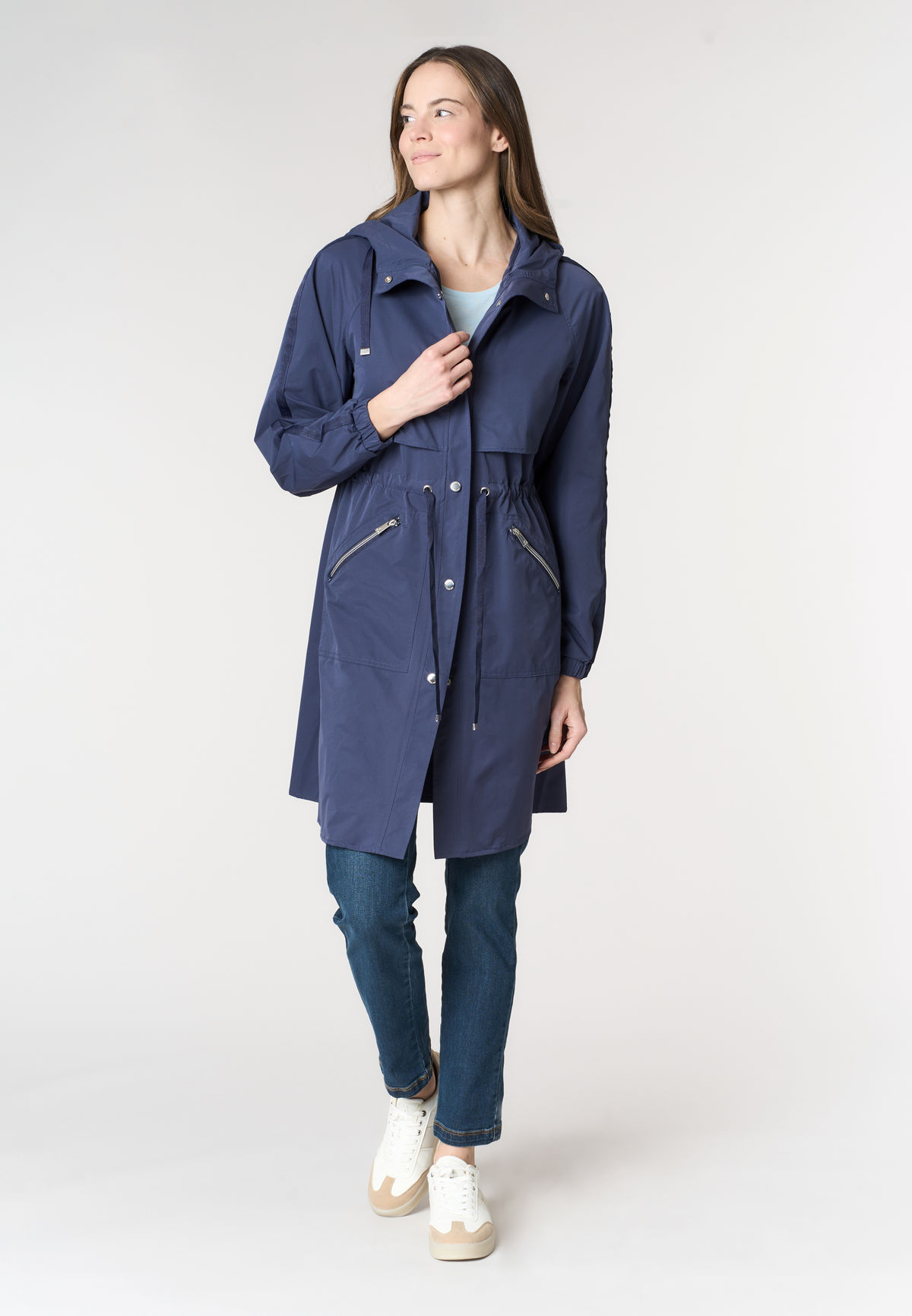 Trench da donna con cappuccio e coulisse regolabile