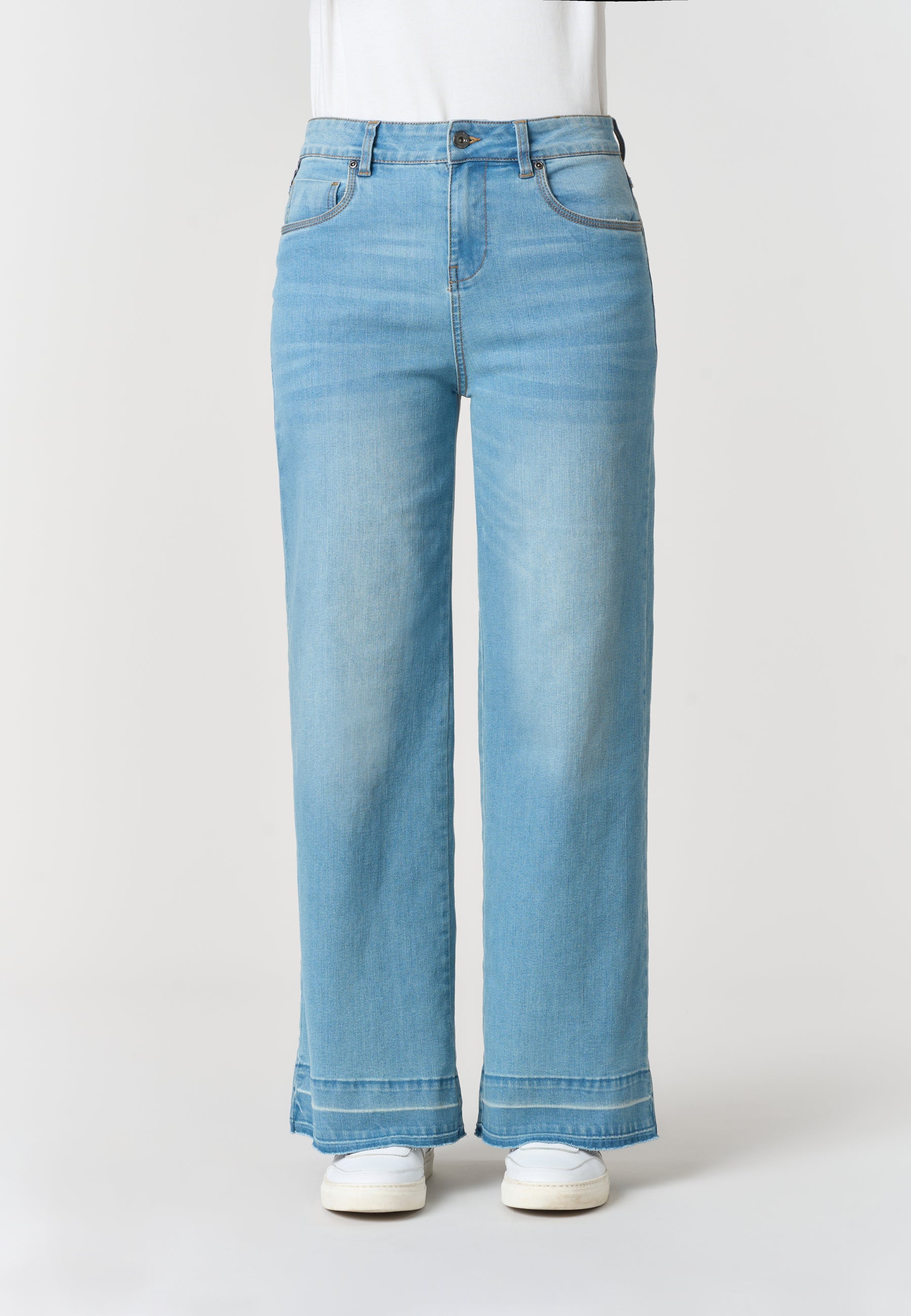 Pantalone denim cinque tasche da donna con gamba ampia