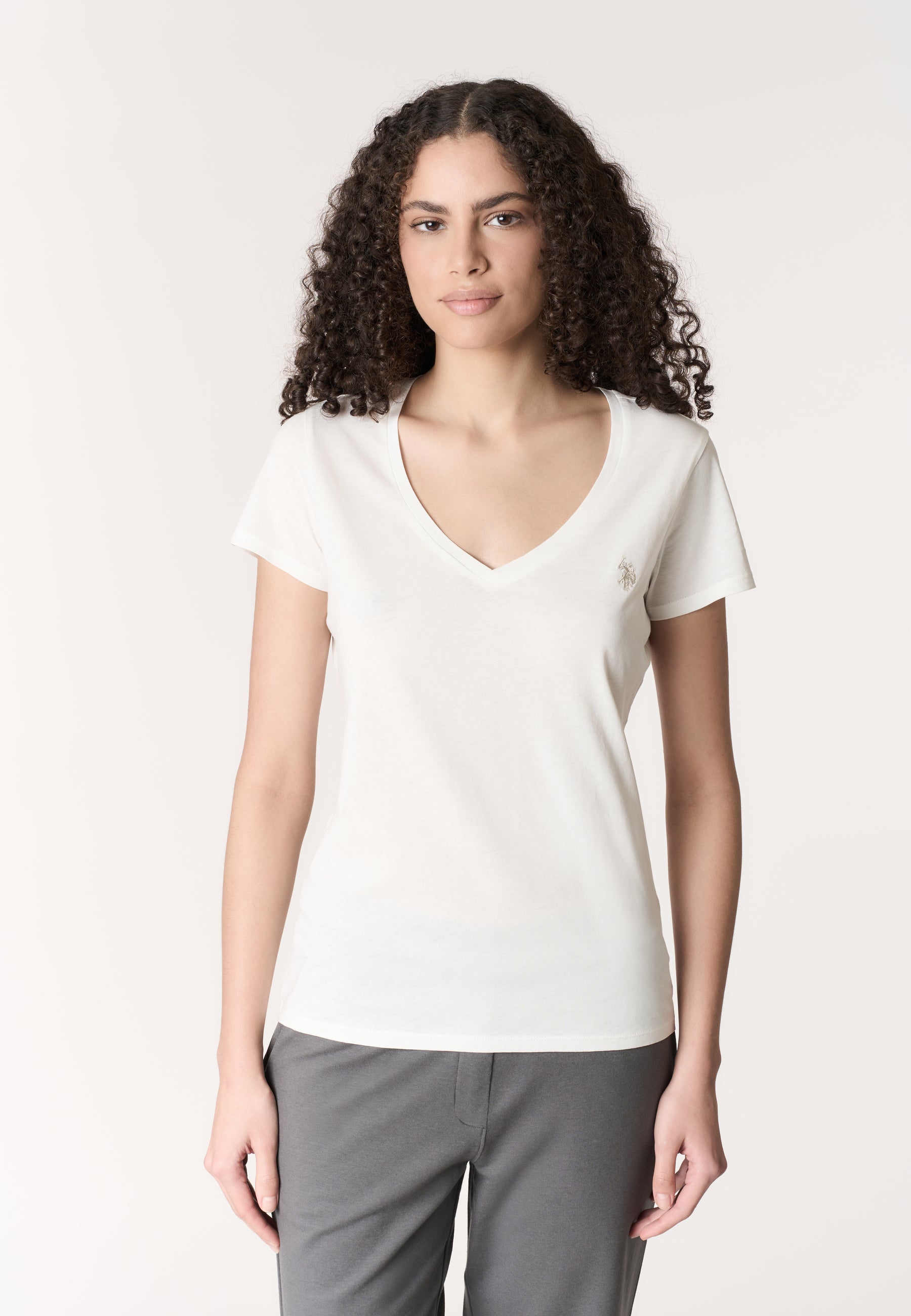 T-shirt da donna a maniche corte in cotone con scollo a V