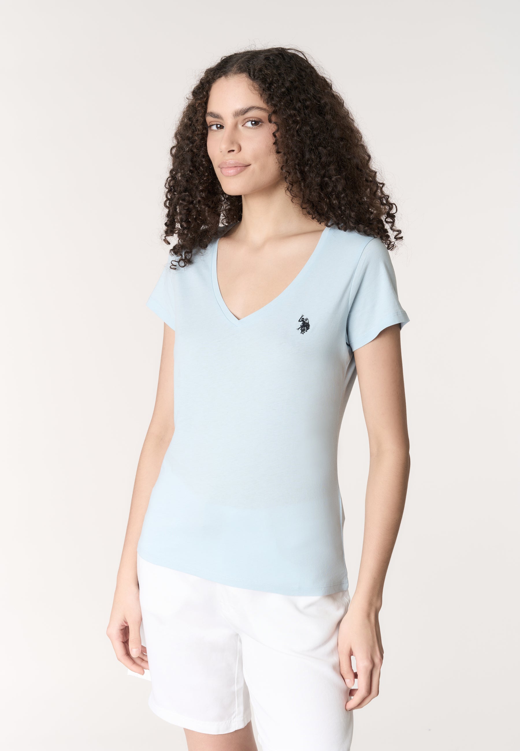 T-shirt da donna a maniche corte in cotone con scollo a V