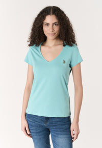 T-shirt da donna a maniche corte in cotone con scollo a V