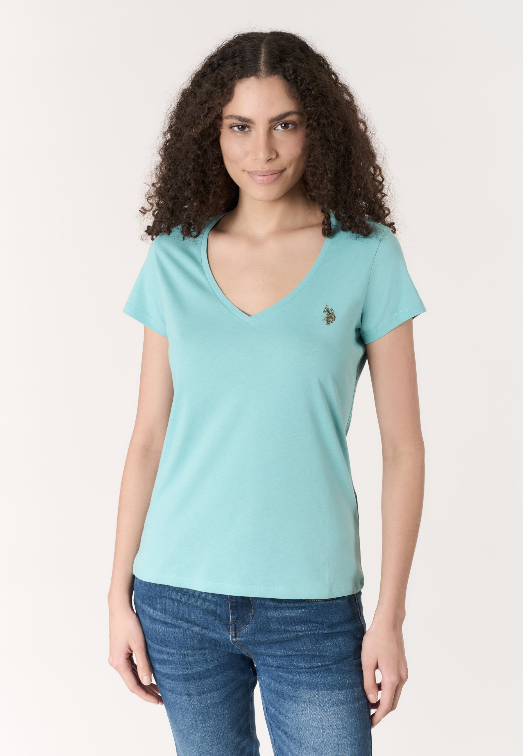 T-shirt da donna a maniche corte in cotone con scollo a V