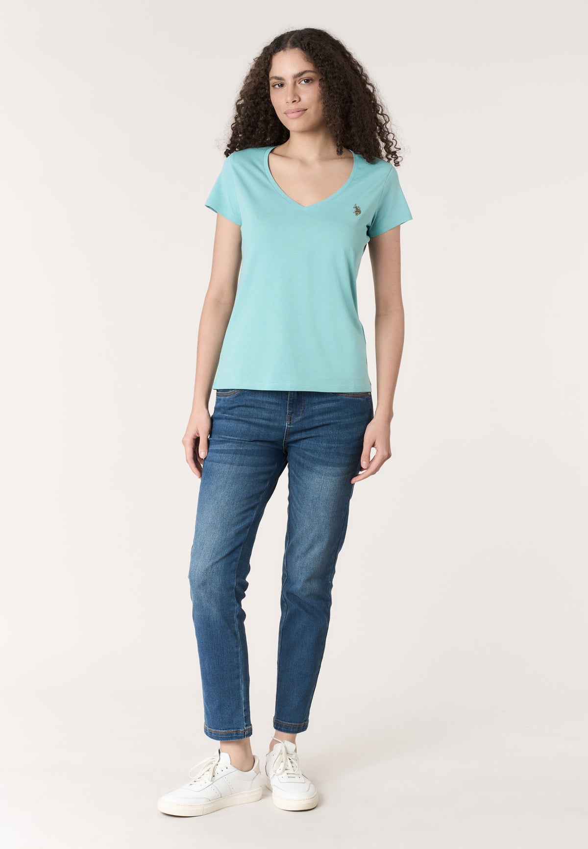 T-shirt da donna a maniche corte in cotone con scollo a V