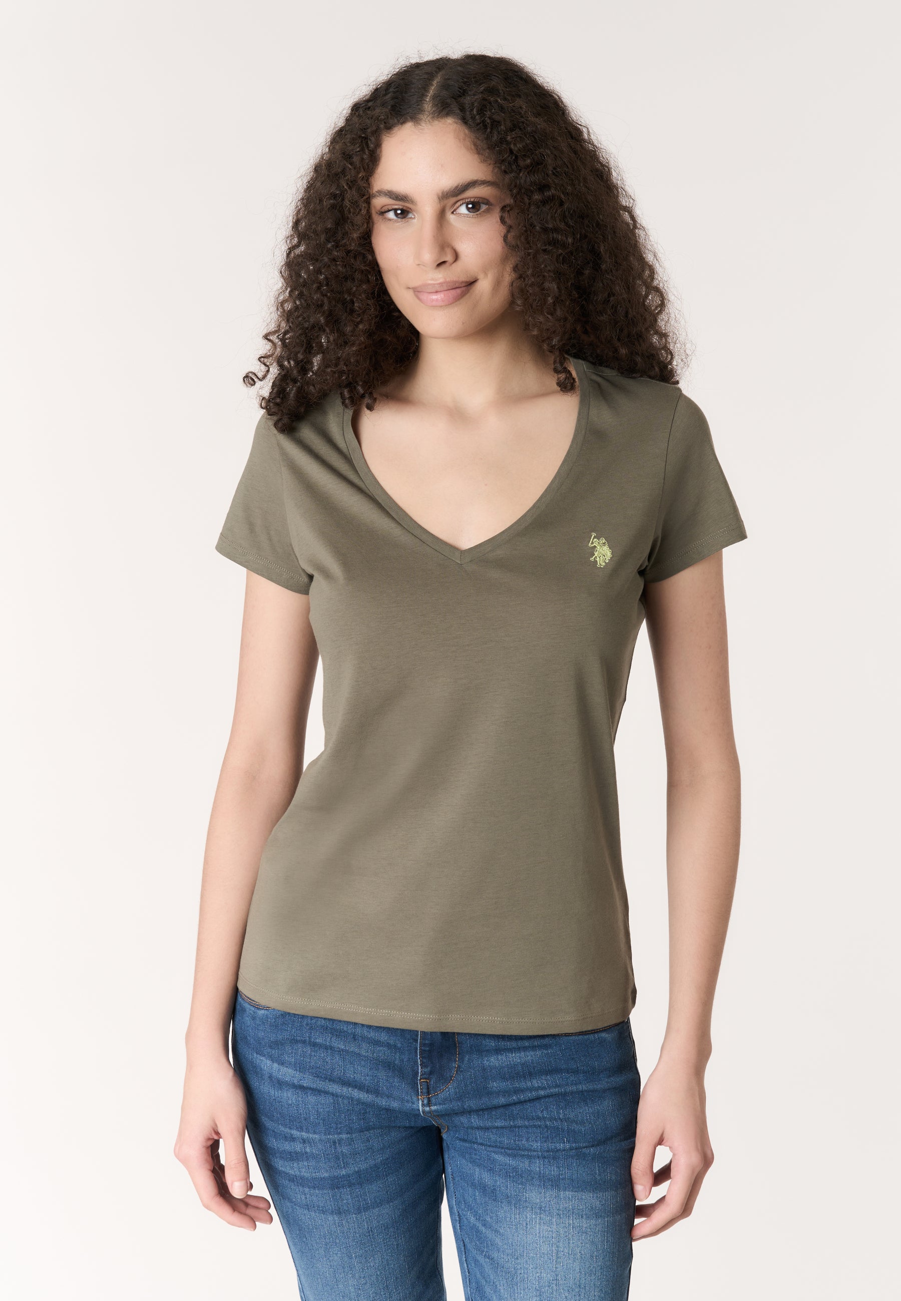 T-shirt da donna a maniche corte in cotone con scollo a V