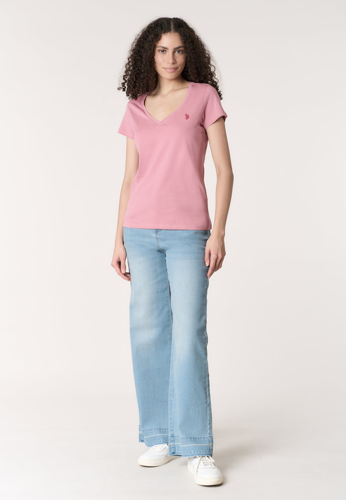 T-shirt da donna a maniche corte in cotone con scollo a V