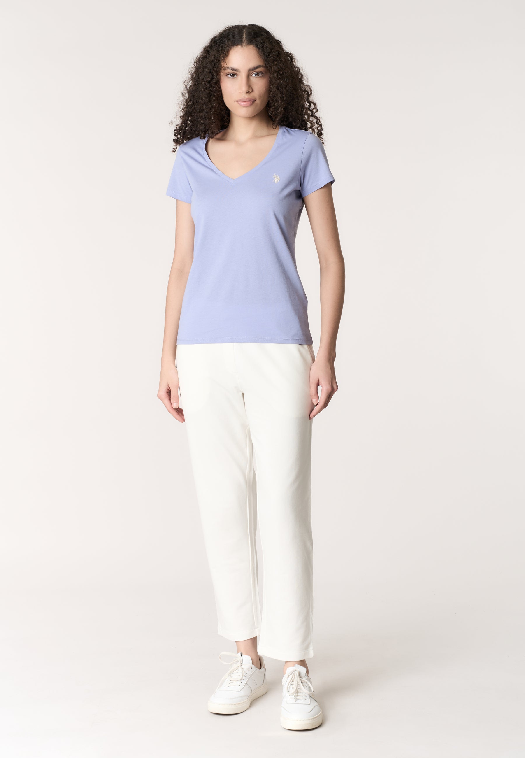 T-shirt da donna a maniche corte in cotone con scollo a V