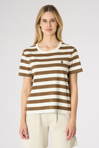 T-shirt da donna a righe a maniche corte in misto cotone e lino