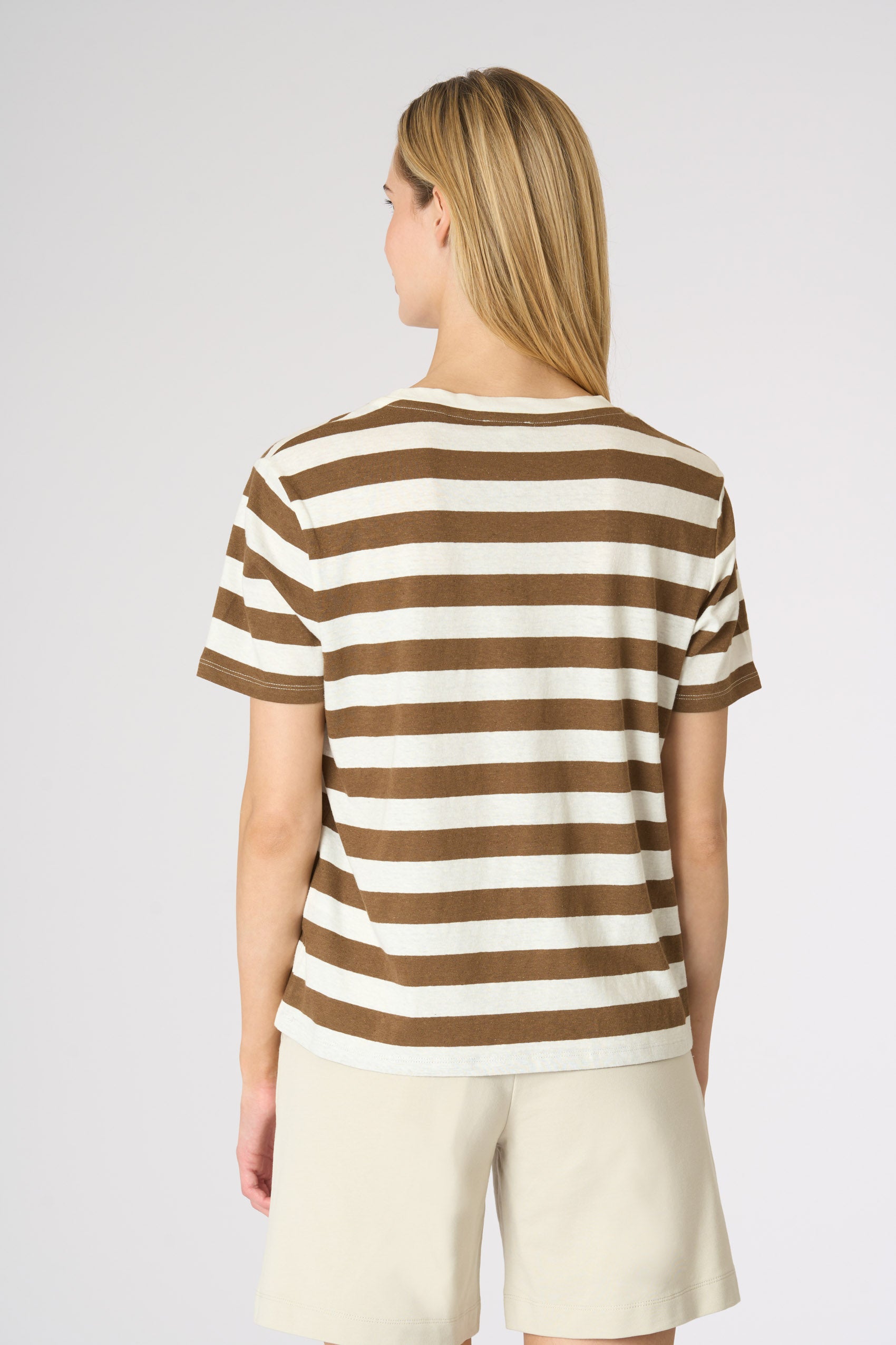 T-shirt da donna a righe a maniche corte in misto cotone e lino