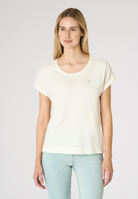 T-shirt girocollo da donna in misto cotone e lino con spacchi laterali