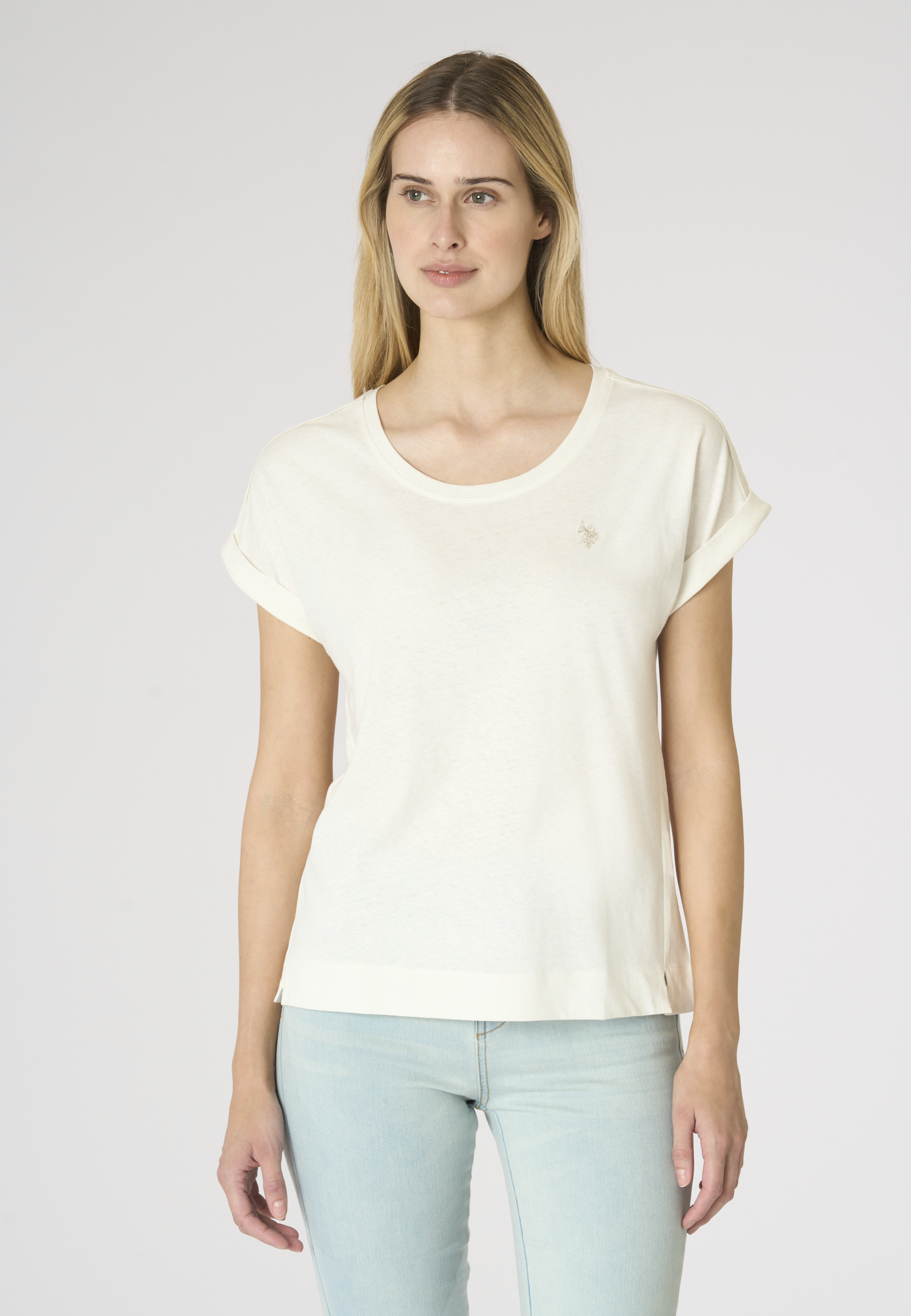 T-shirt girocollo da donna in misto cotone e lino con spacchi laterali