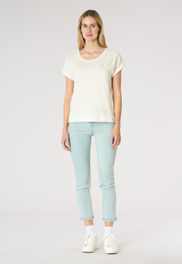 T-shirt girocollo da donna in misto cotone e lino con spacchi laterali