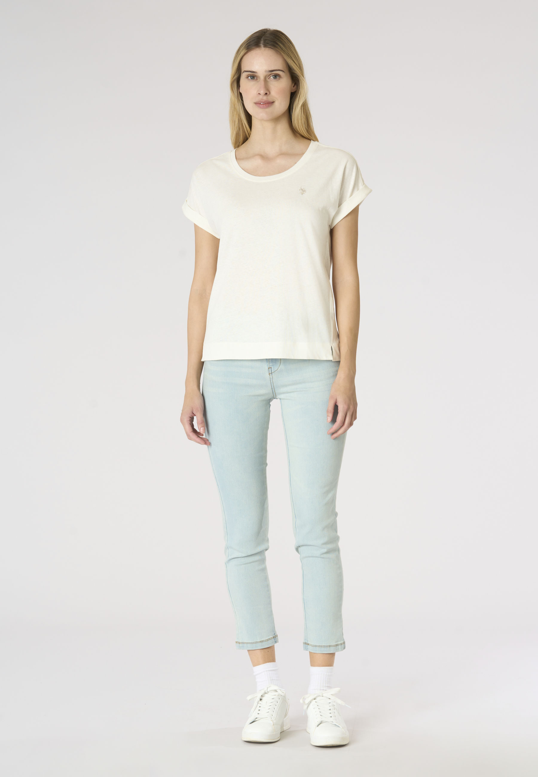 T-shirt girocollo da donna in misto cotone e lino con spacchi laterali